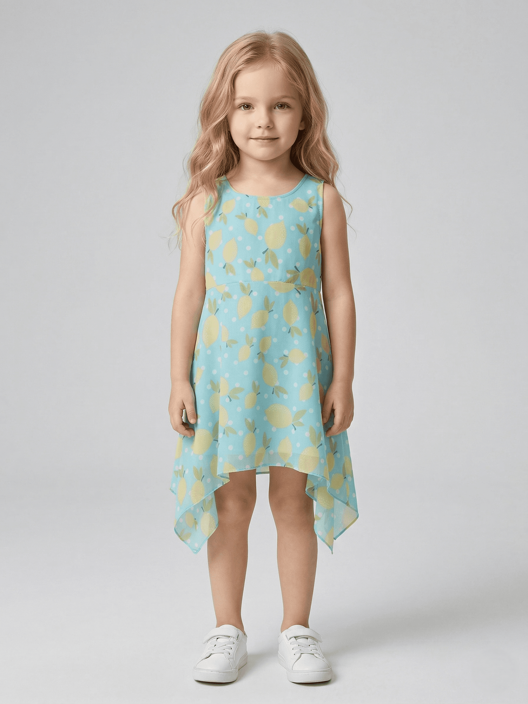 CREATIVE KIDS Green and Yellow Lemon Print High and Low Girls Dress - Green