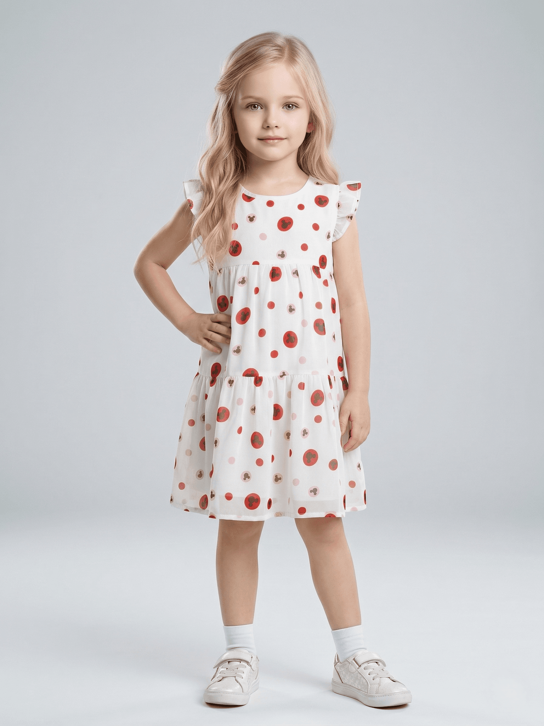Creative Kids Girl White & Red Mickey Mouse Print Gathered Midi A-Line Gown - White