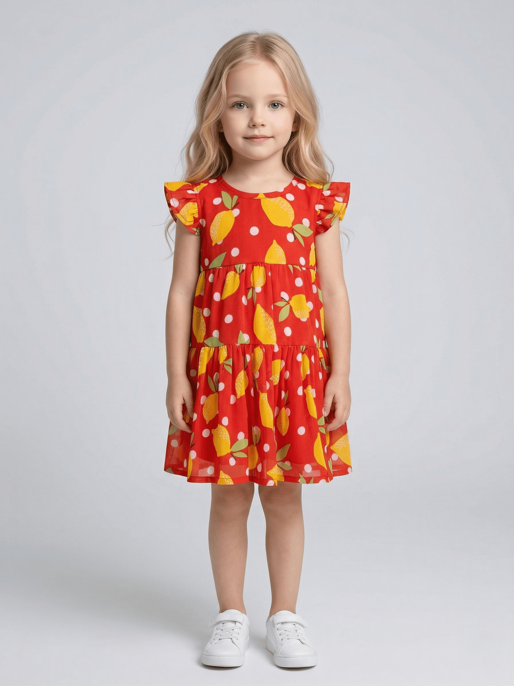 Creative Kids Girl Red & Orange Lemon Print Gathered Midi A-Line Gown - Orange