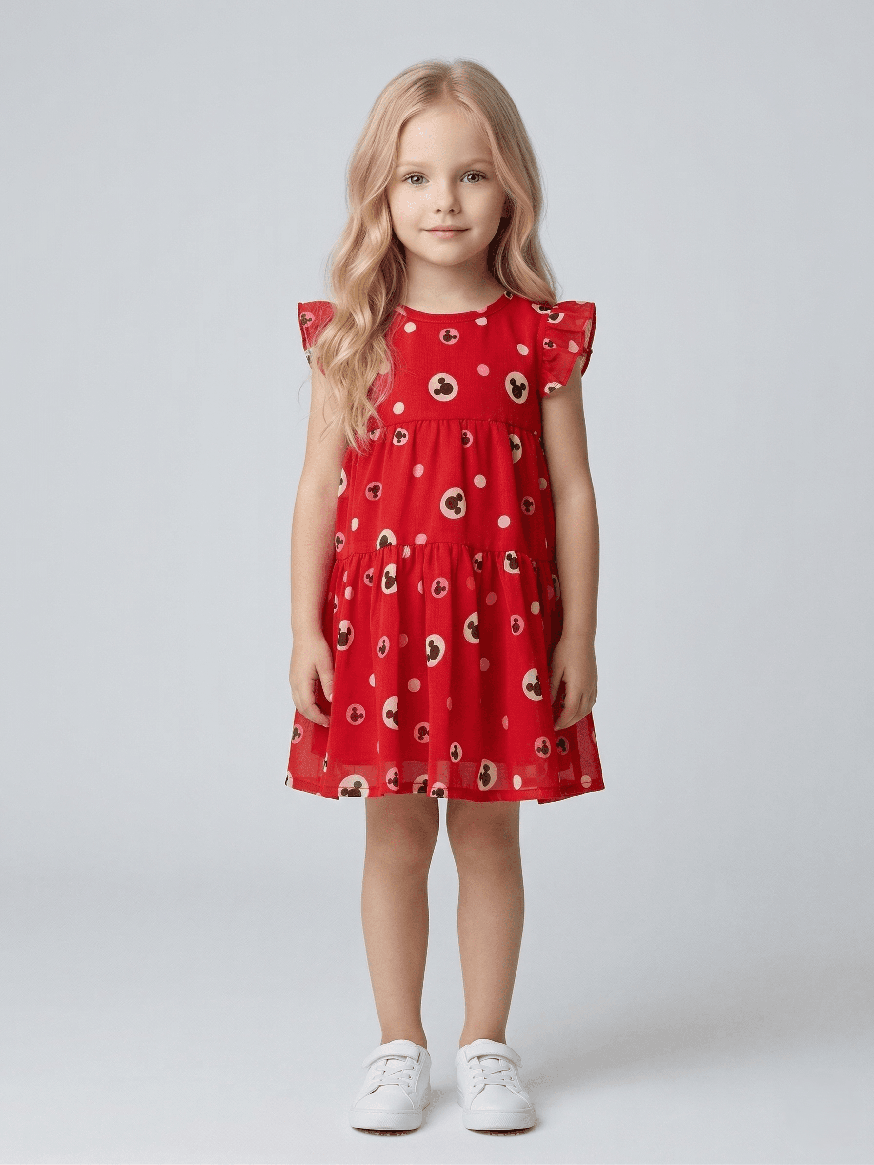 Creative Kids Girl Red & Black Mickey Mouse Print Gathered Midi A-Line Gown - Red