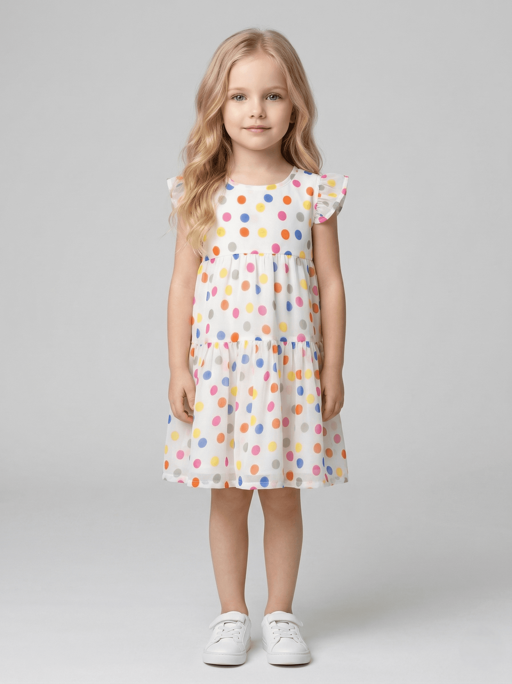 Creative Kids Girl White & Yellow Polka Dot Print Gathered Midi A-Line Gown - White