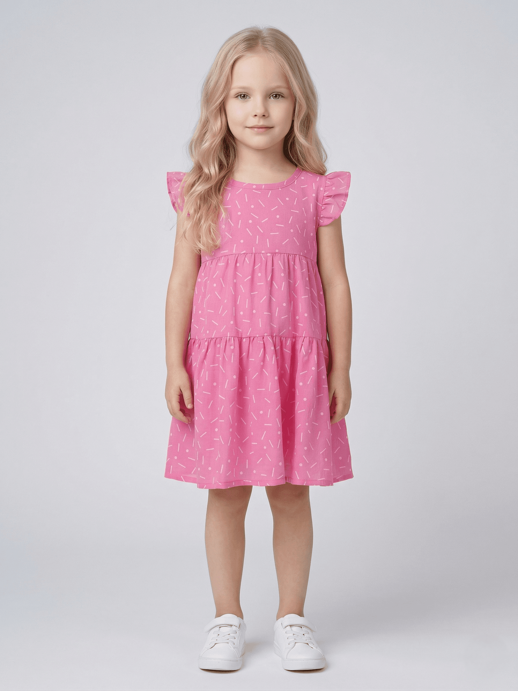 Creative Kids Girl Pink & White Geometric Print Gathered Midi A-Line Gown - Pink