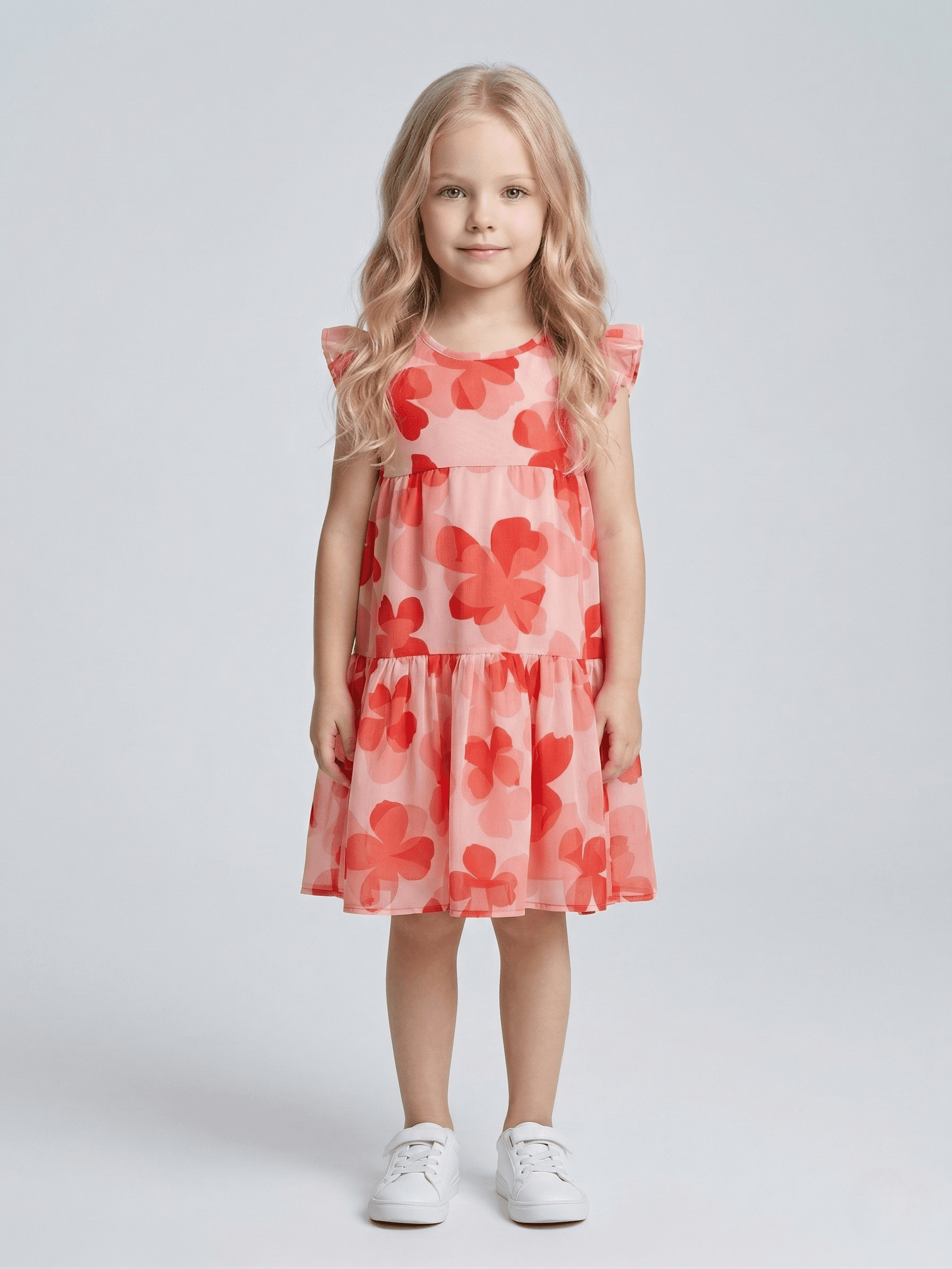 Creative Kids Girl Pink Floral Print Gathered Midi A-Line Gown - Rose