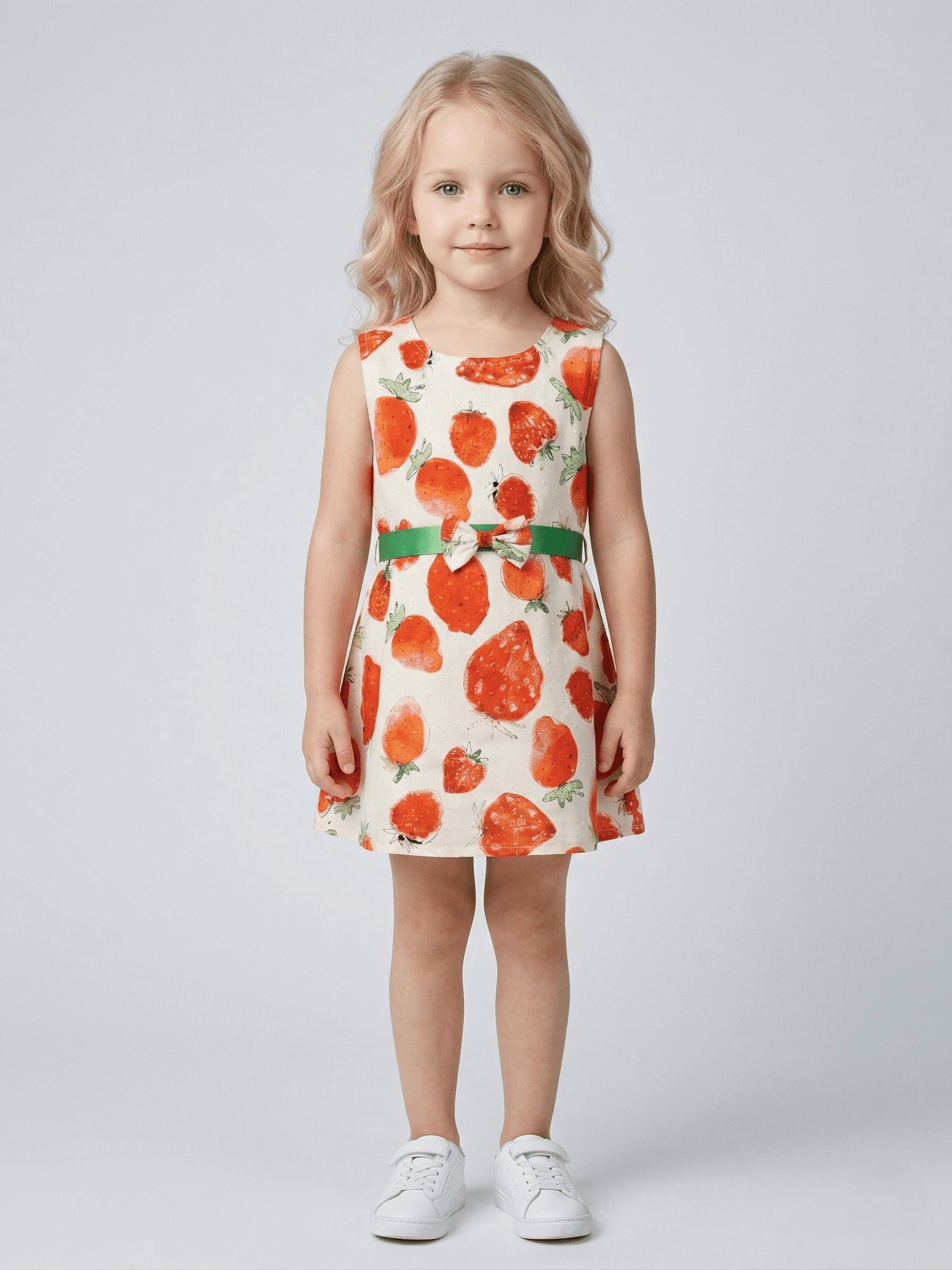 Creative Kids Cotton Woven Sleeveless Strawberry Printed Dress - White & Red - White