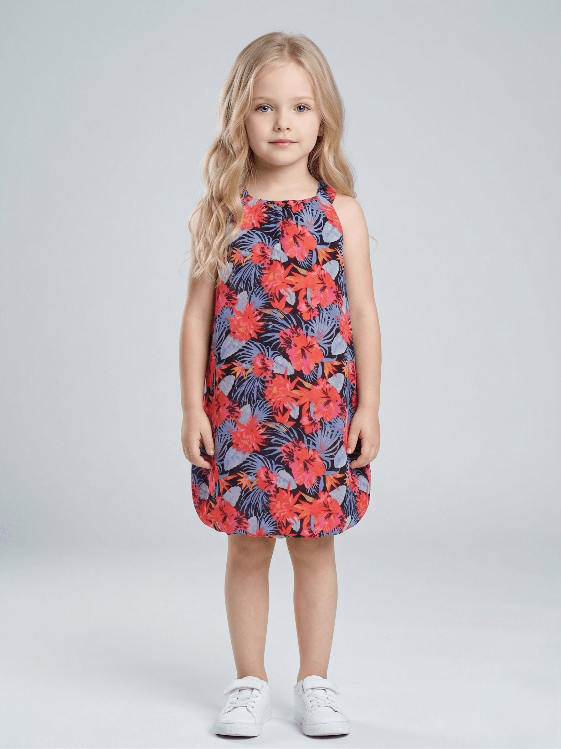 Creative Kids Girls Floral Printed Shoulder Straps A-Line Dress - Red