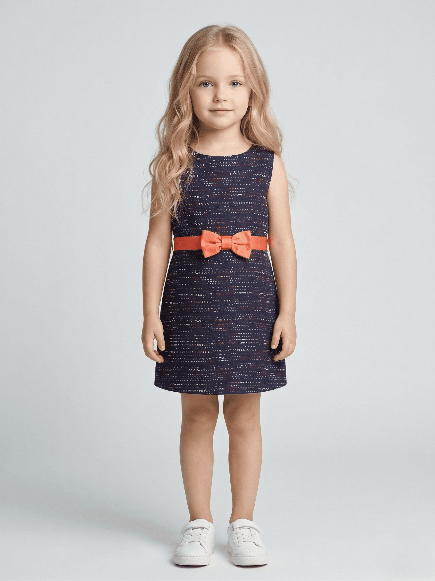Creative Kids Cotton Woven Sleeveless Abstract Printed Bow Applique Detailed Dress - Navy Blue - Navy - Navy