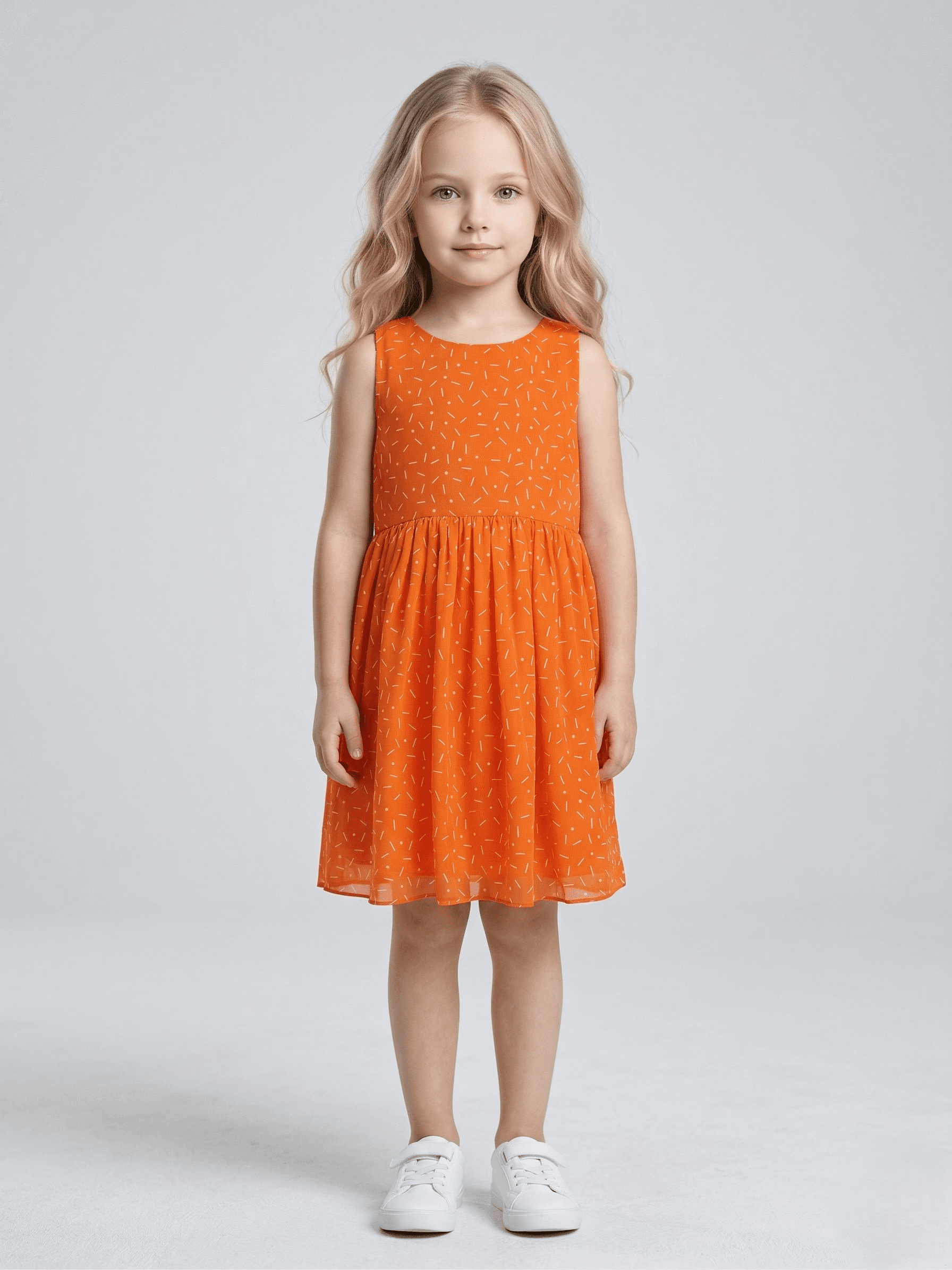 Creative Kids Georgette Woven Sleeveless Abstract Printed Dress - Orange - Orange