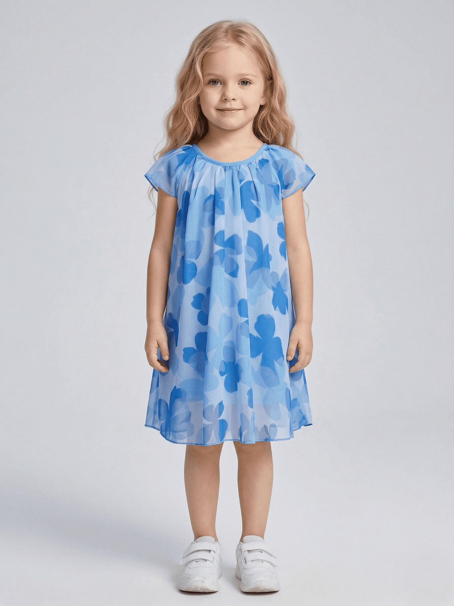 Creative Kids Georgette Woven Half Sleeves Floral Printed Dress - Blue - Blue