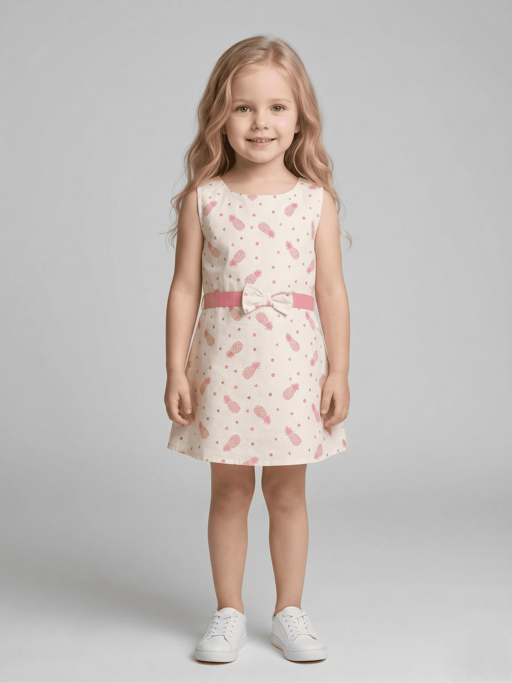 Creative Kids Girl White Cotton Regular Fit Printed Dress - Cream