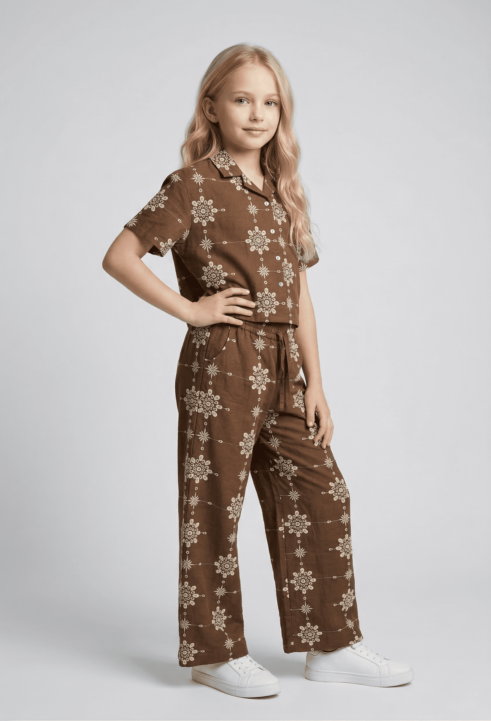 Creative Kids Brown Embroidered Cotton Blend Co-Ord Set for Girls | Stylish Shirt & Pant Set - Brown