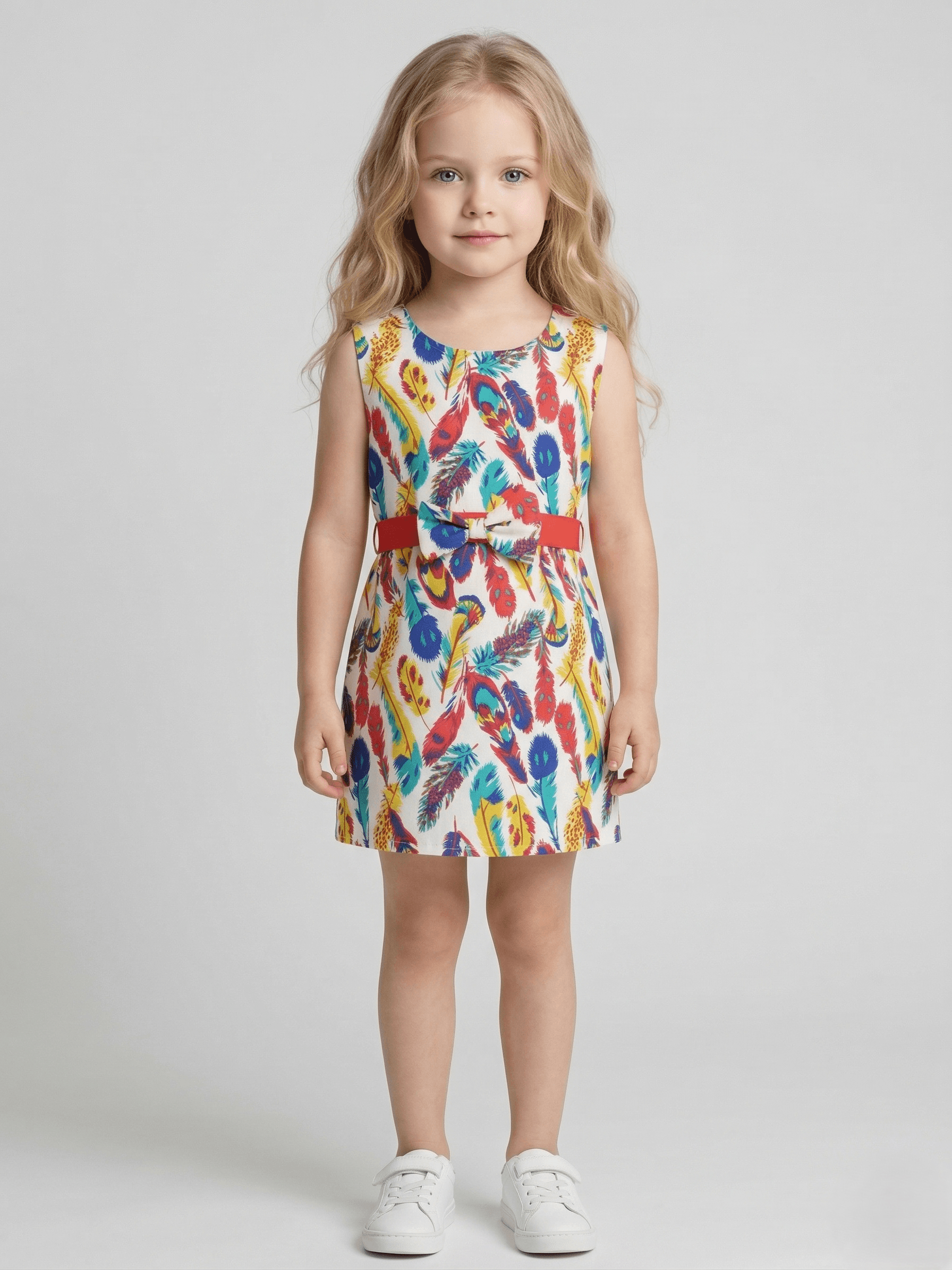 Creative Kids Girl Abstract Printed Cotton Sleeveless A-Line Dress With Bow - Blue - Blue