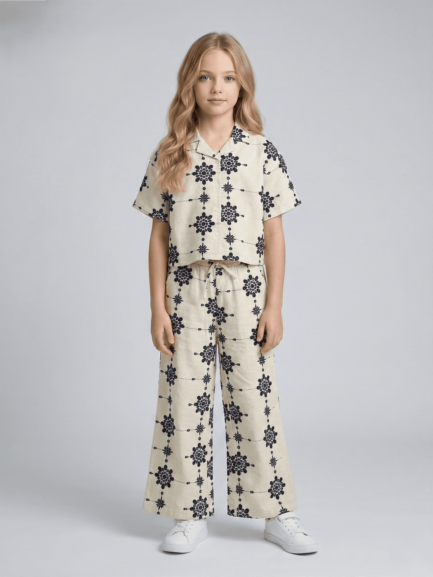 Creative Kids Premium Beige Embroidered Cotton Blend Co-Ord Set for Girls - Beige - Beige