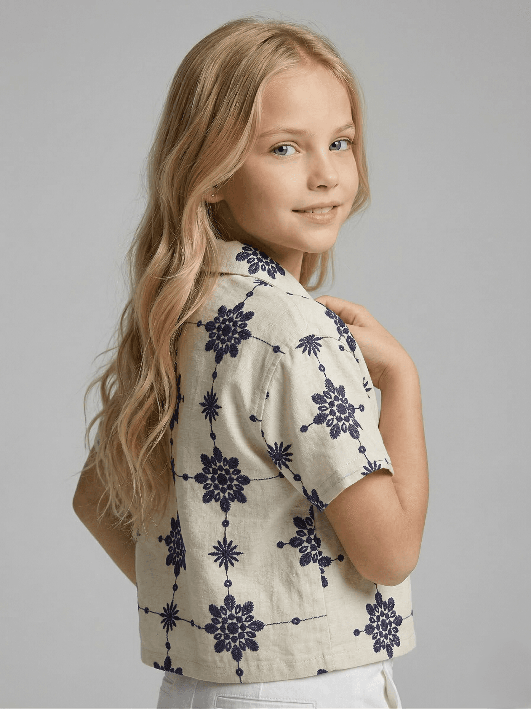 Creative Kids Beige Embroidered Cotton Blend Shirt for Girls | Stylish Short Sleeve Top - Beige