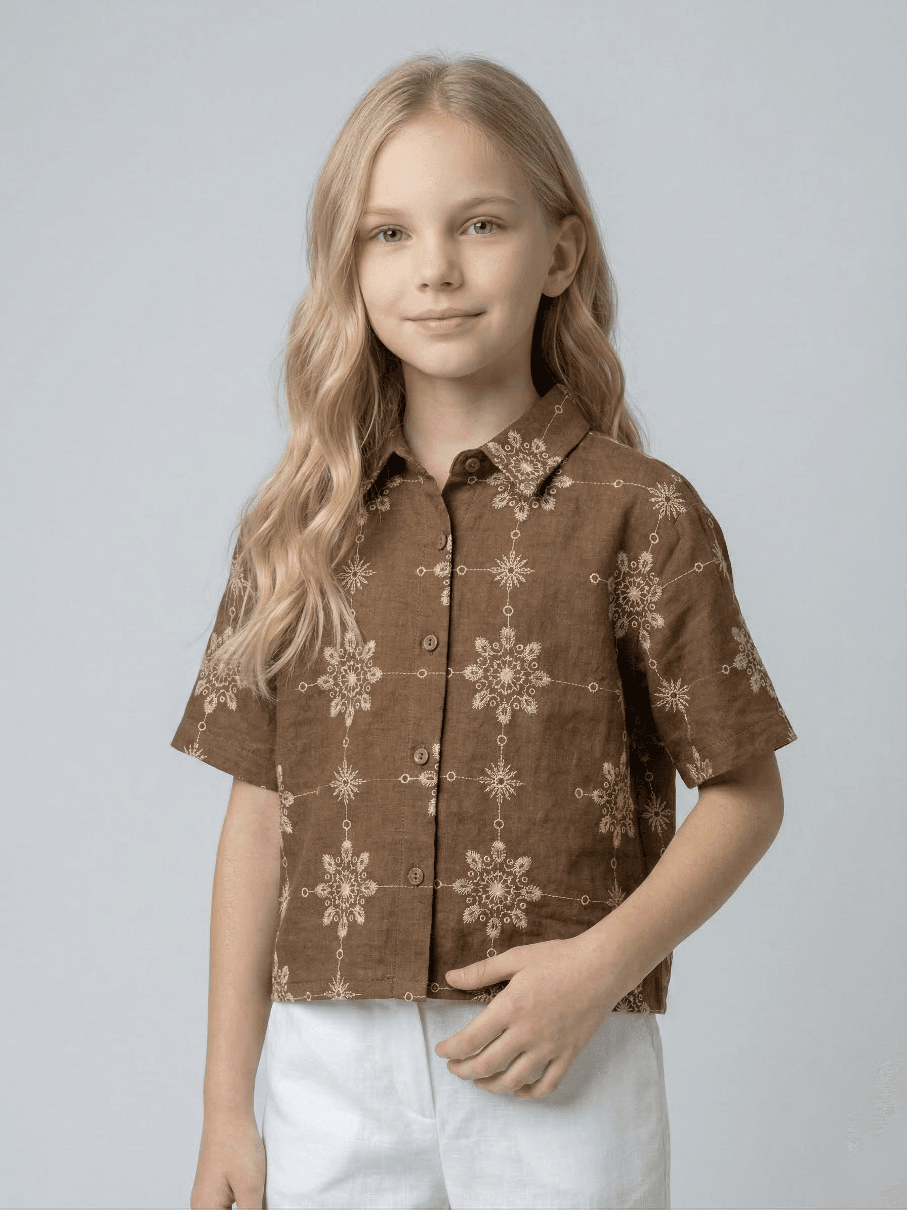 Creative Kids Brown Embroidered Cotton Blend Shirt for Girls | Stylish Short Sleeve Top - Brown