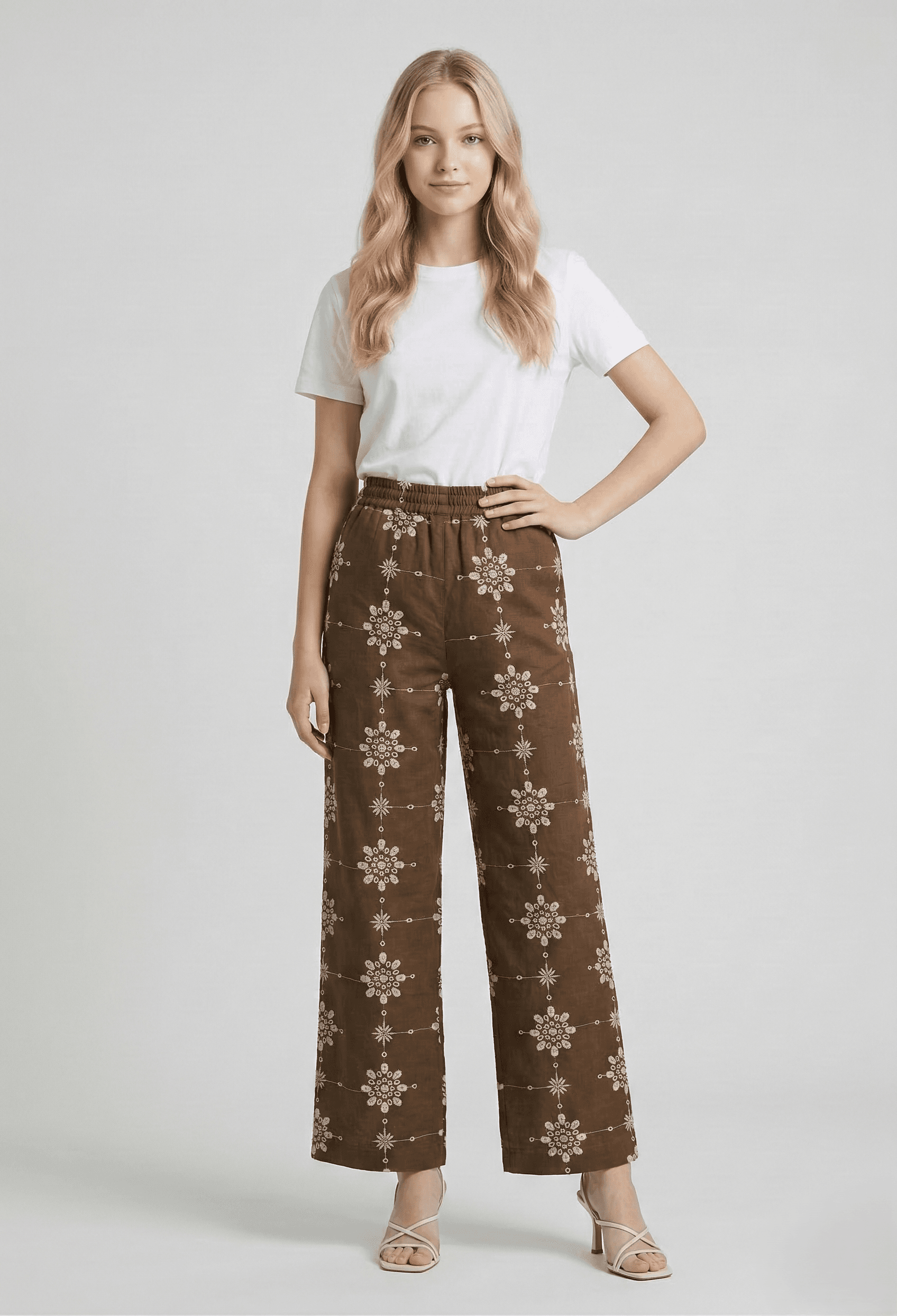 Creative Kids Brown Embroidered Cotton Blend Pants for Girls | Comfortable Straight Fit Bottom - Brown