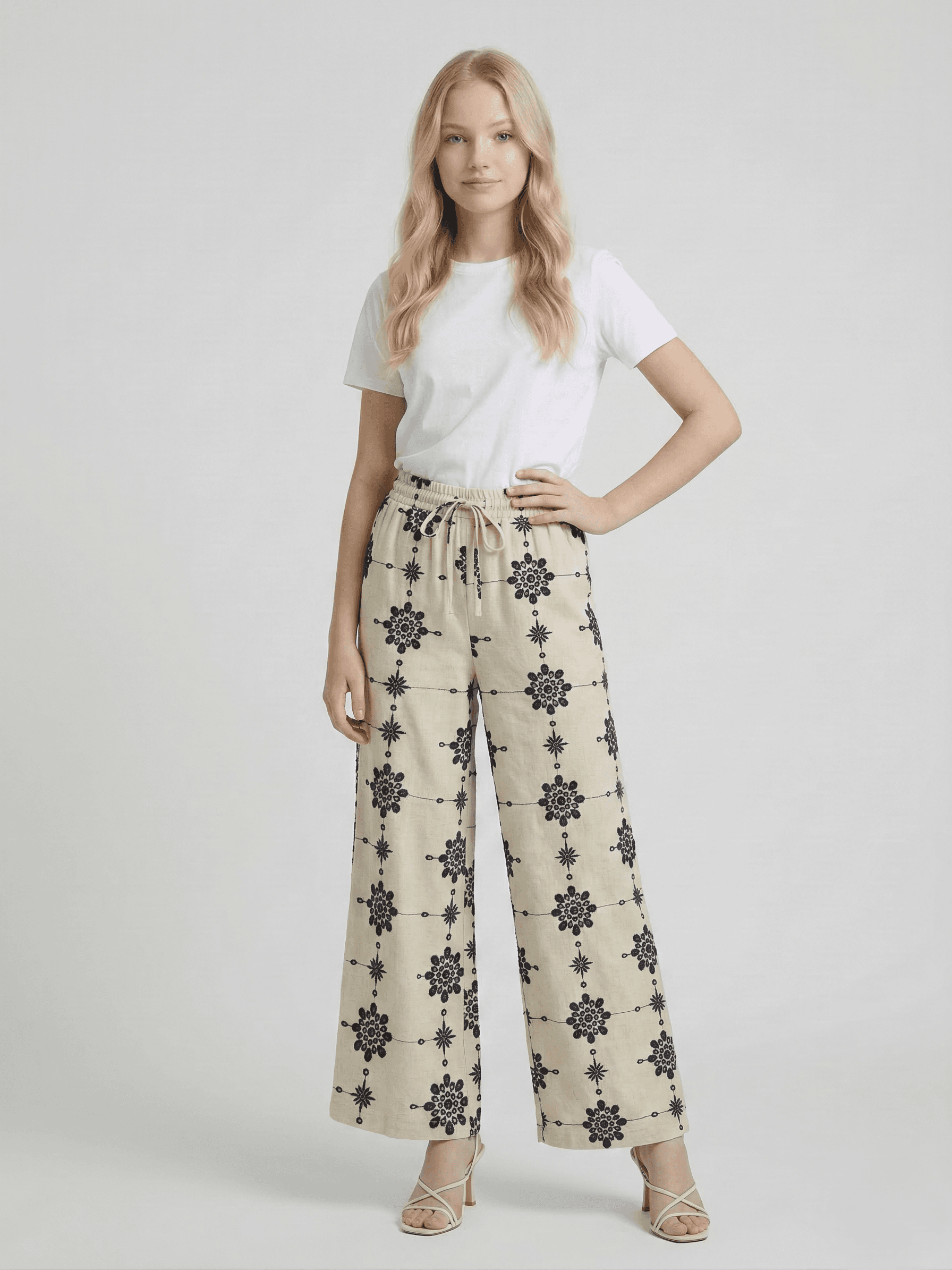 Creative Kids Brown Embroidered Cotton Blend Pants for Girls | Comfortable Straight Fit Bottom - Beige