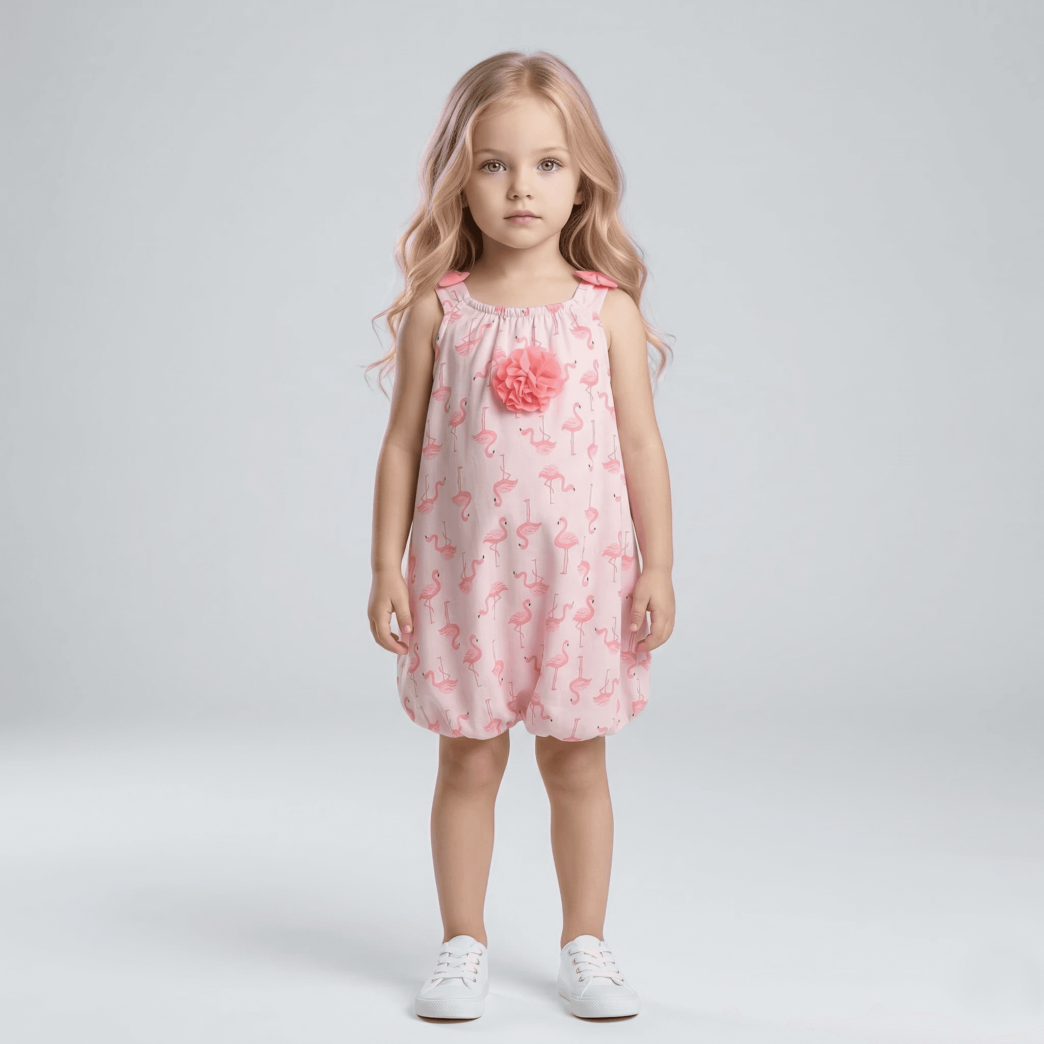 Creative Kids Summer Flamingo Print Polyester Romper with Balloon Hem - Pink