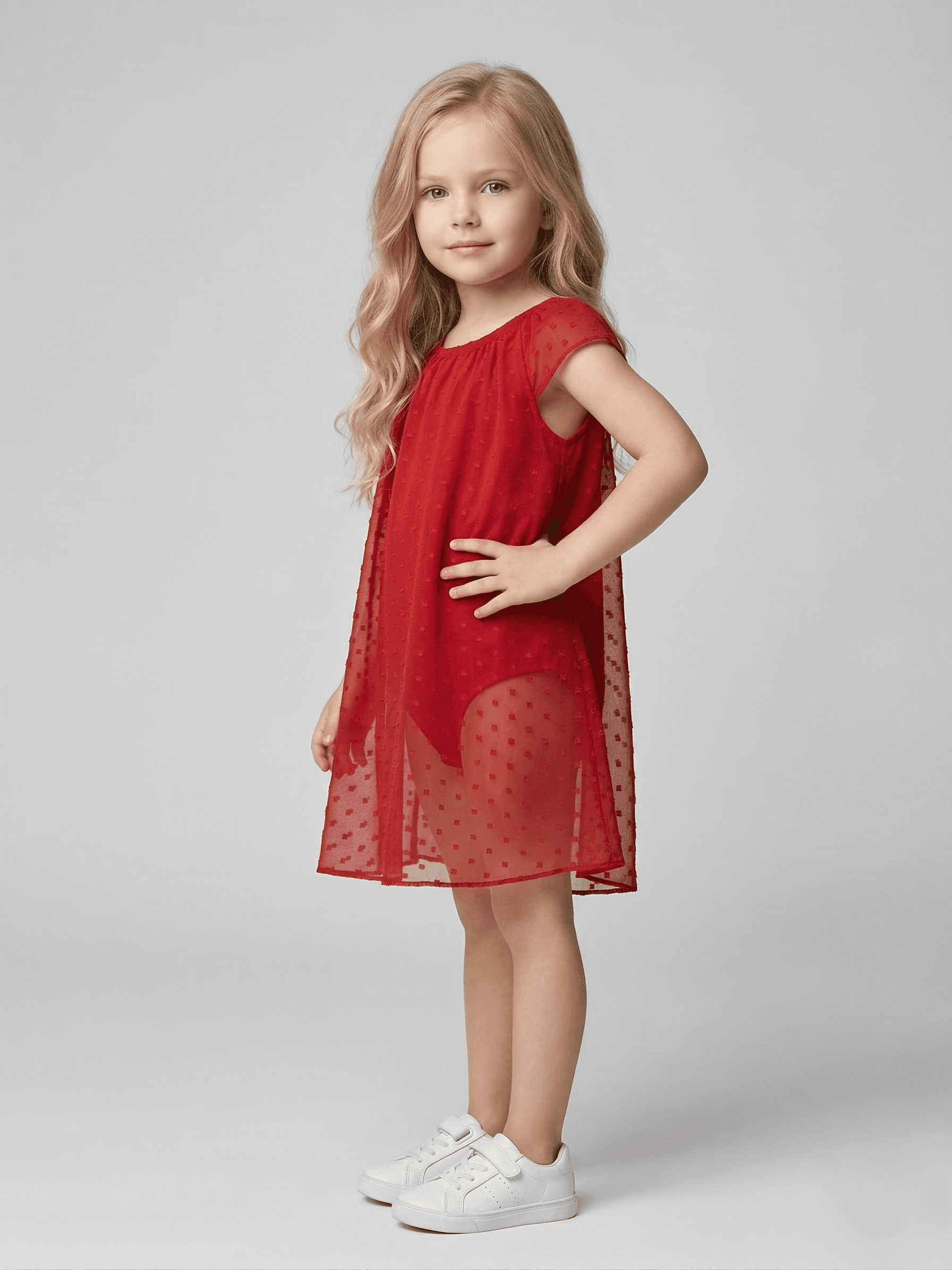 Creative Kids Crimson Swiss Dot Romper Dress – Polyester Flutter Sleeve Dress - Maroon