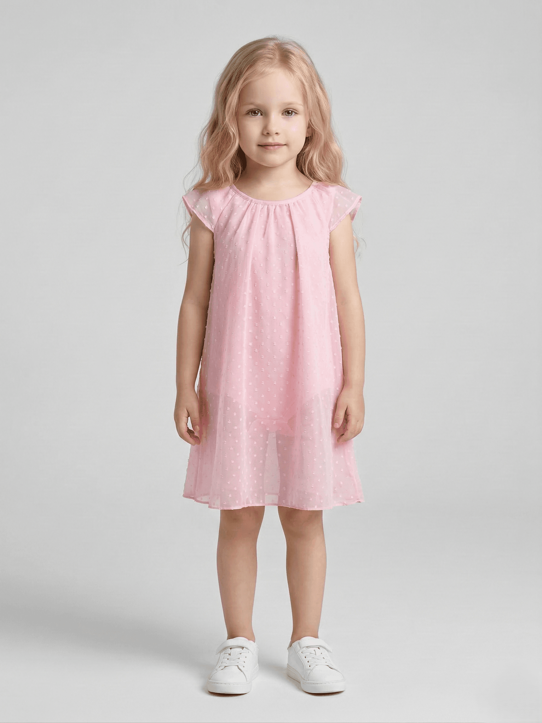 Creative Kids Pastel Pink Swiss Dot A-Line Dress – Premium Polyester Flutter Sleeve Dress - Pink