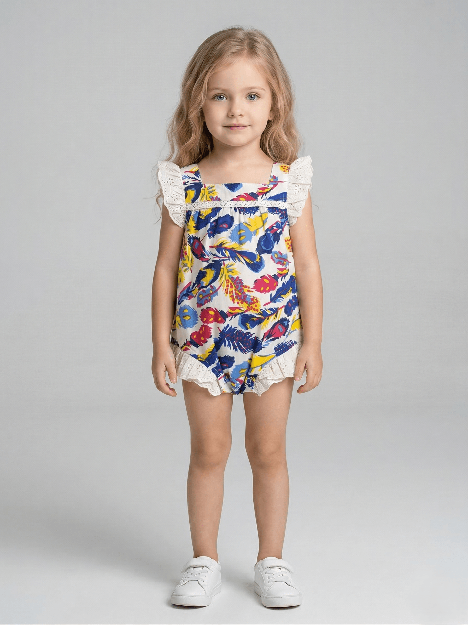 Creative Kids Feather Print Cotton Sunsuit – Breathable Multi-Color Romper with Eyelet Lace Trim - Cream