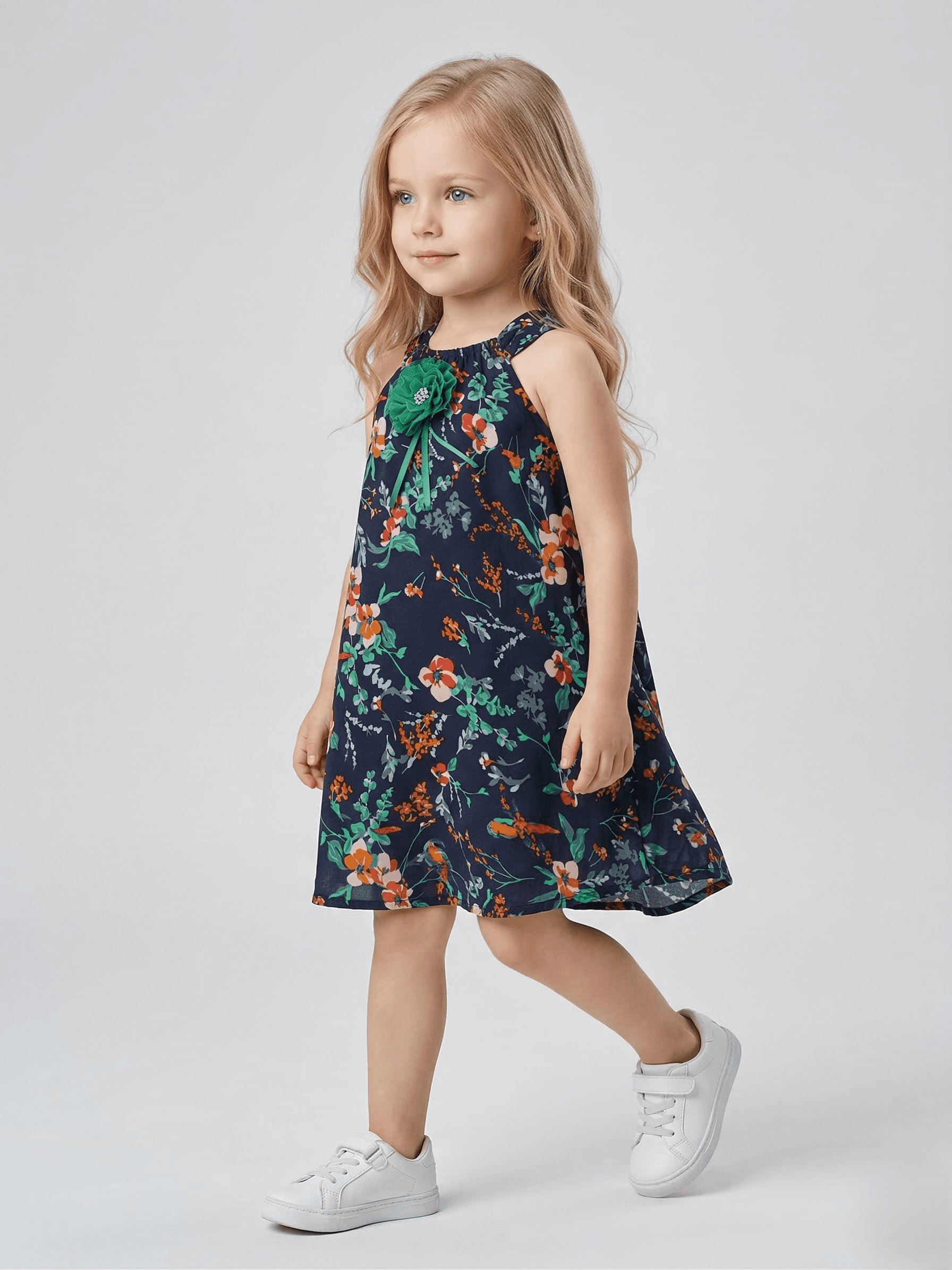 Creative Kids Navy Floral Polyester A-Line Dress – Wrinkle-Resistant Sleeveless Party Dress with Rosette - Navy