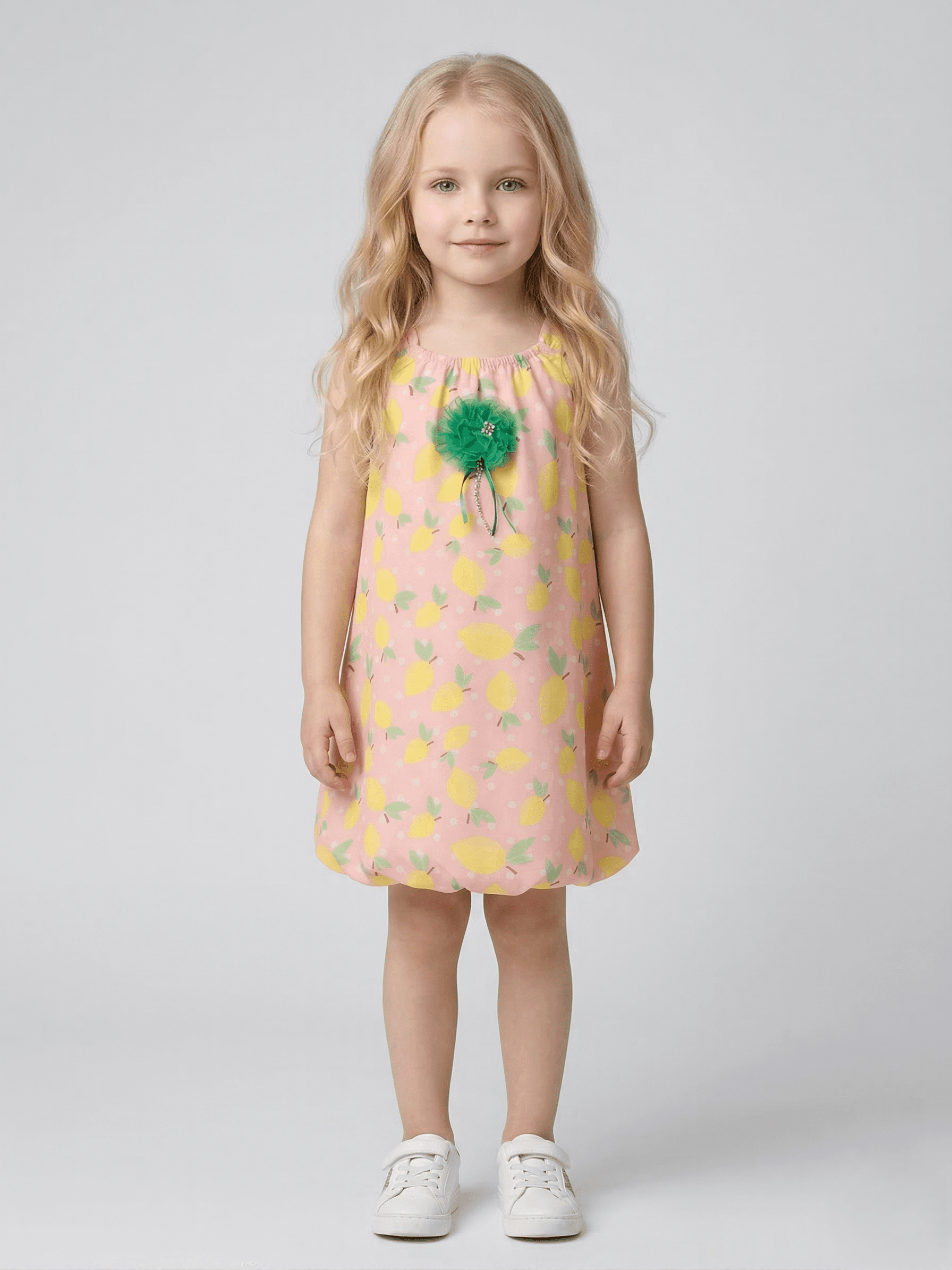 Creative Kids Lemon Print Polyester Romper – Pastel Pink Sleeveless Sunsuit with Green Rosette - Pink