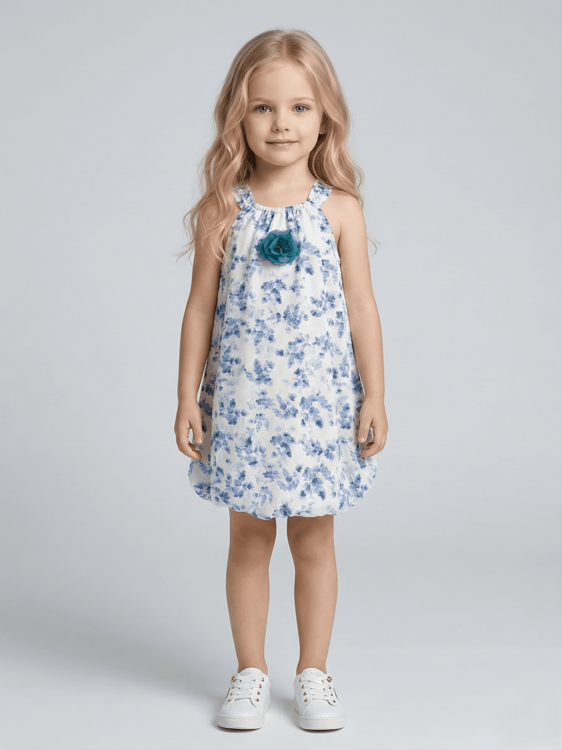 Creative Kids Blue Willow Floral Polyester Romper – White & Cobalt Sleeveless Sunsuit with Teal Rosette - White