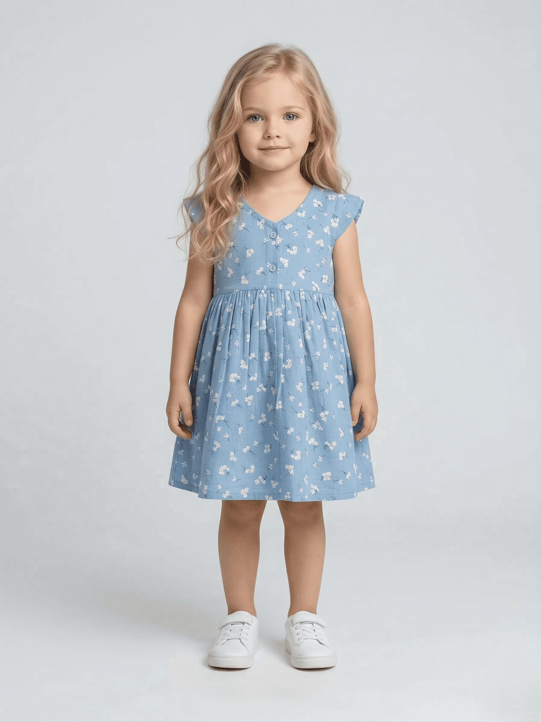 Creative KIds Sky Blue Ditsy Floral Cotton Dress – Breathable V-Neck Flutter Sleeve Summer Dress - Blue