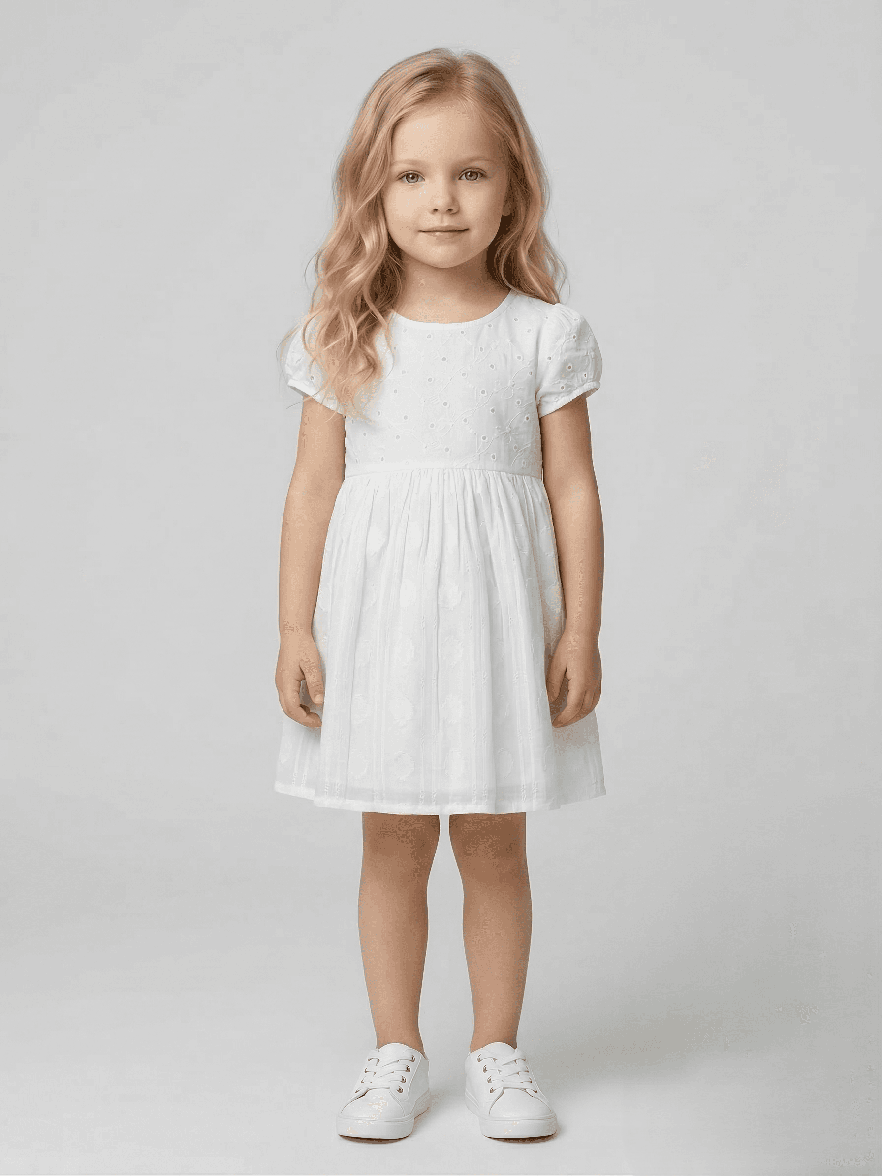 Creative Kids White Schiffli Cotton Dress – Breathable Fit & Flare Short Sleeve Summer Dress - White