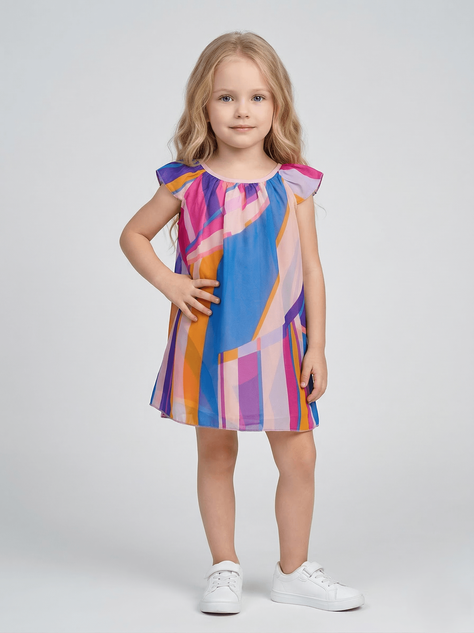 Creative Kids Abstract Geometric Print Polyester Dress – Vibrant Multi-Color Flutter Sleeve A-Line Dress - Blue