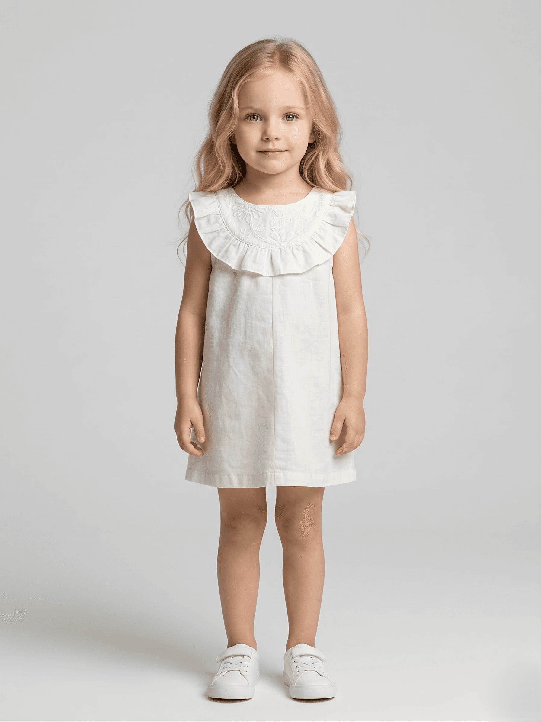Creative Kids White Pure Cotton Embroidered Dress – Sleeveless A-Line Summer Dress with Ruffled Yoke - White