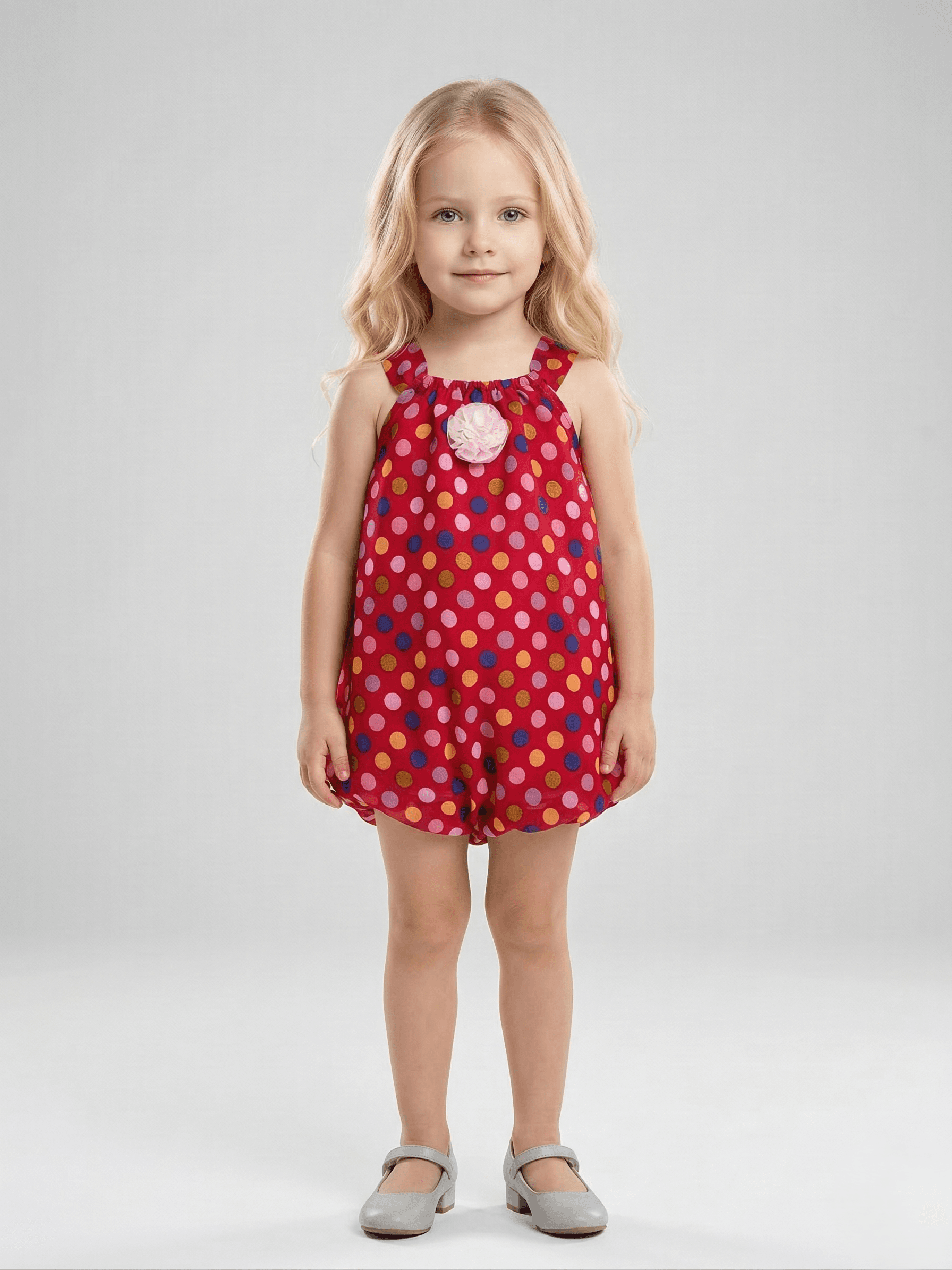 Creative Kids Red Polka Dot Polyester Romper – Vibrant Multi-Color Sleeveless Sunsuit with Rosette Accent - Red