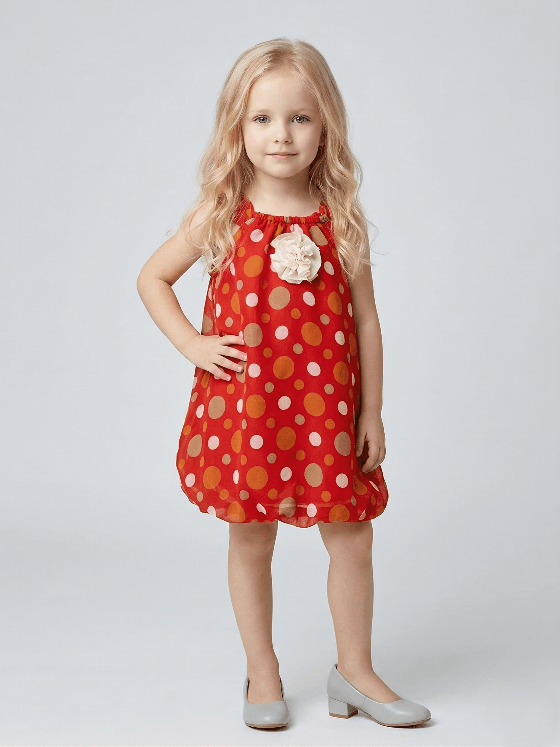 Creative Kids Amber Polka Dot Polyester Romper – Red & Earth-Tone Sleeveless Sunsuit with Cream Rosette - Red