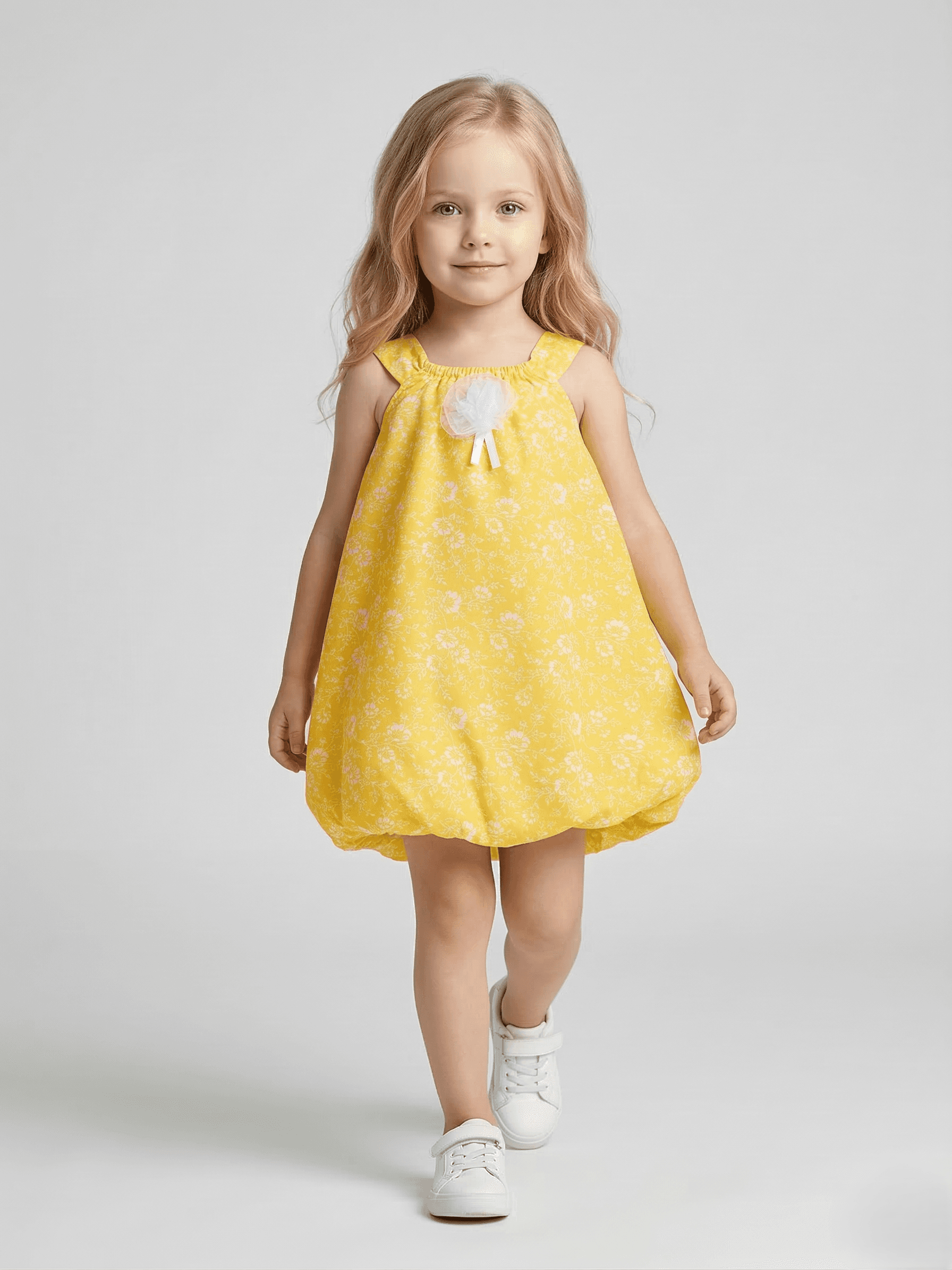 Creative Kids Sunshine Yellow Floral Polyester Romper – Sleeveless Sunsuit with White Tulle Rosette - Yellow