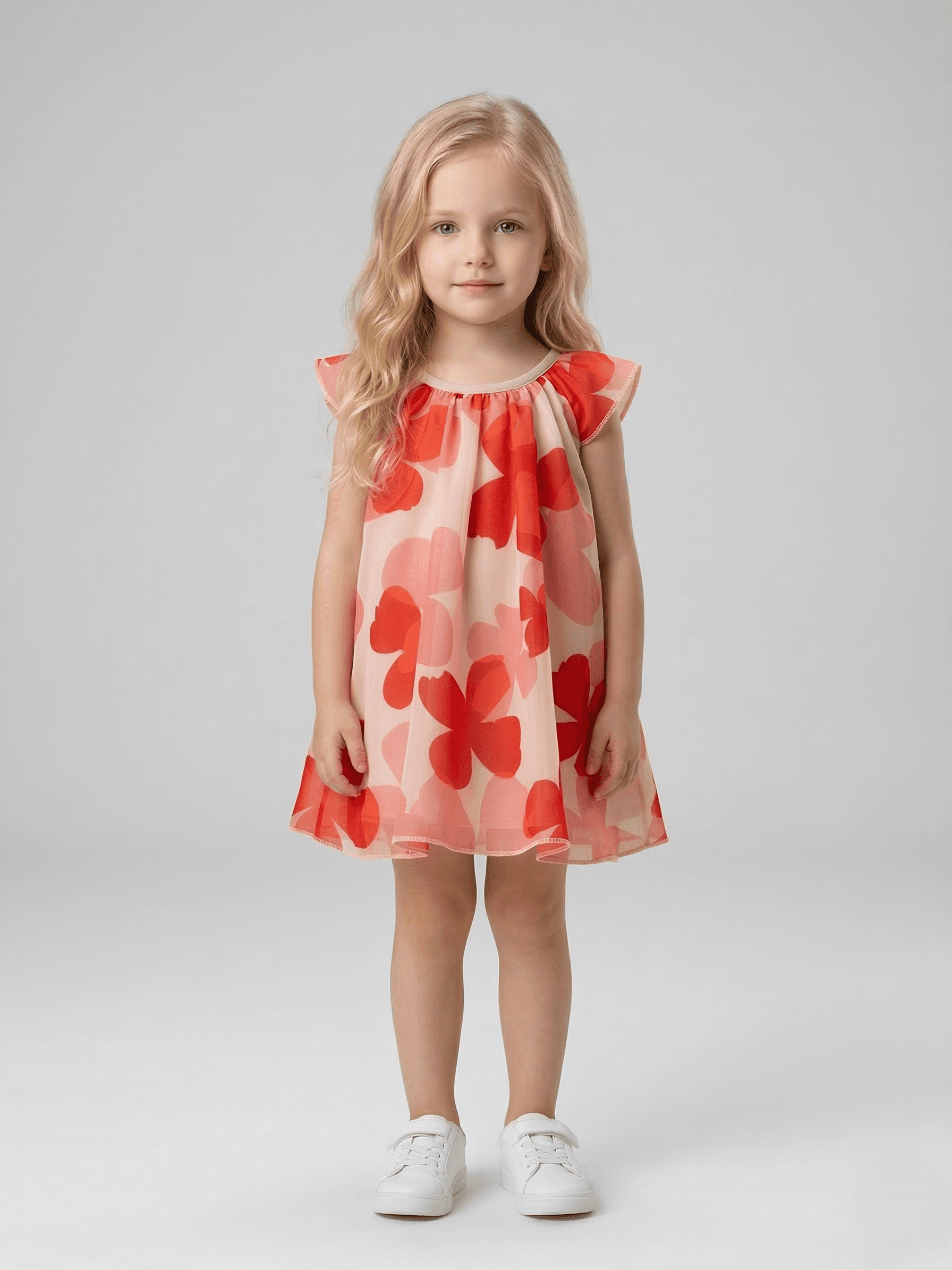 Creative Kids Blush Pink & Red Floral Polyester Dress – Lightweight Flutter Sleeve A-Line Party Dress - Pink