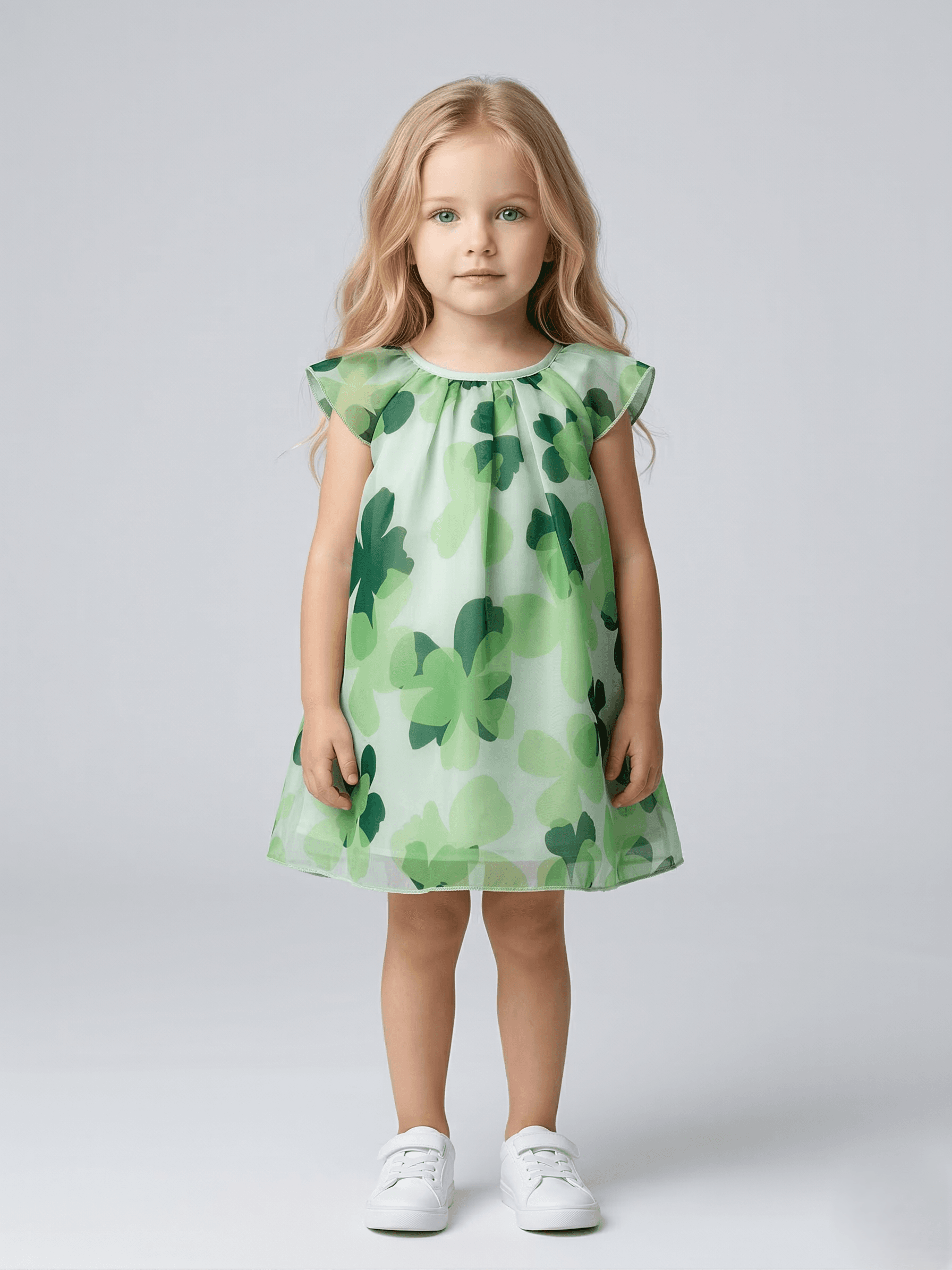 Creative Kids Green Floral Print Polyester Dress – Lightweight Flutter Sleeve A-Line Dress - Green