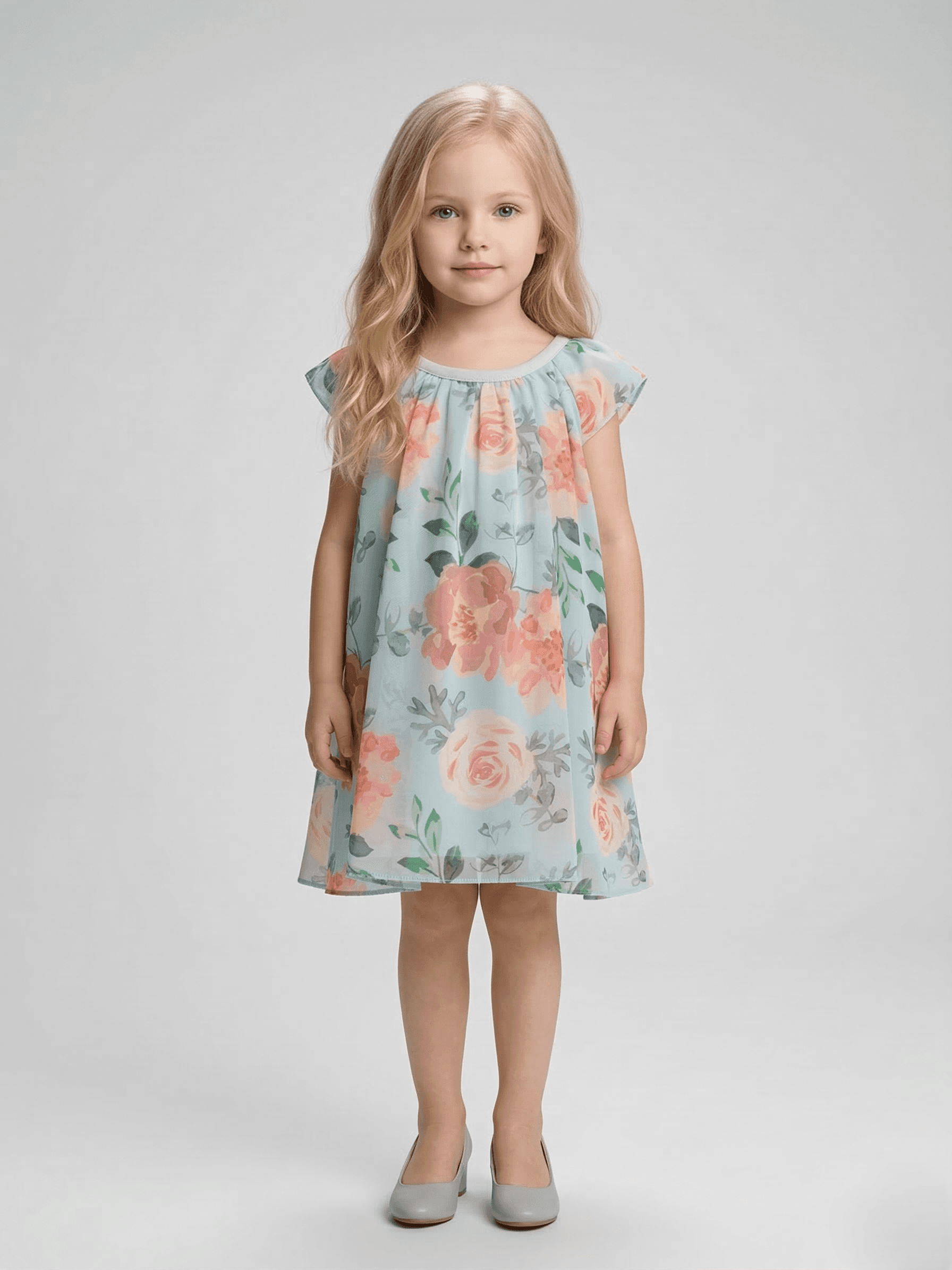 Creative Kids Teal & Magenta Abstract Floral Polyester Dress – Lightweight Flutter Sleeve A-Line Dress - Teal
