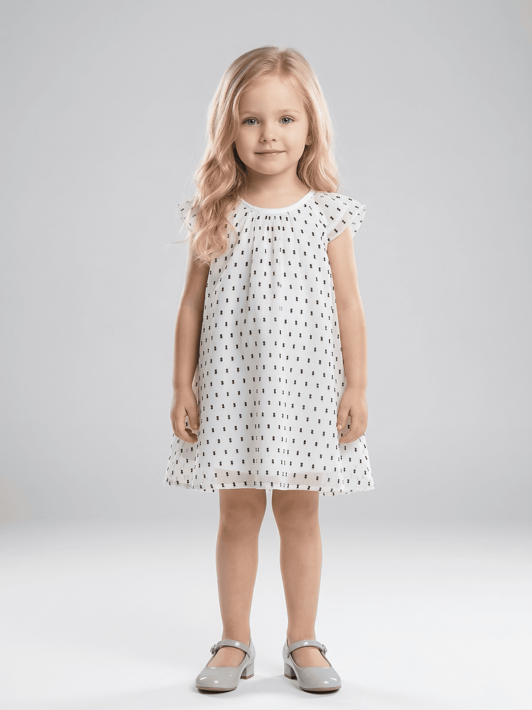 Creative Kids White Dash Print Polyester Dress – Sophisticated Sleeveless Flutter Sleeve A-Line Dress - White