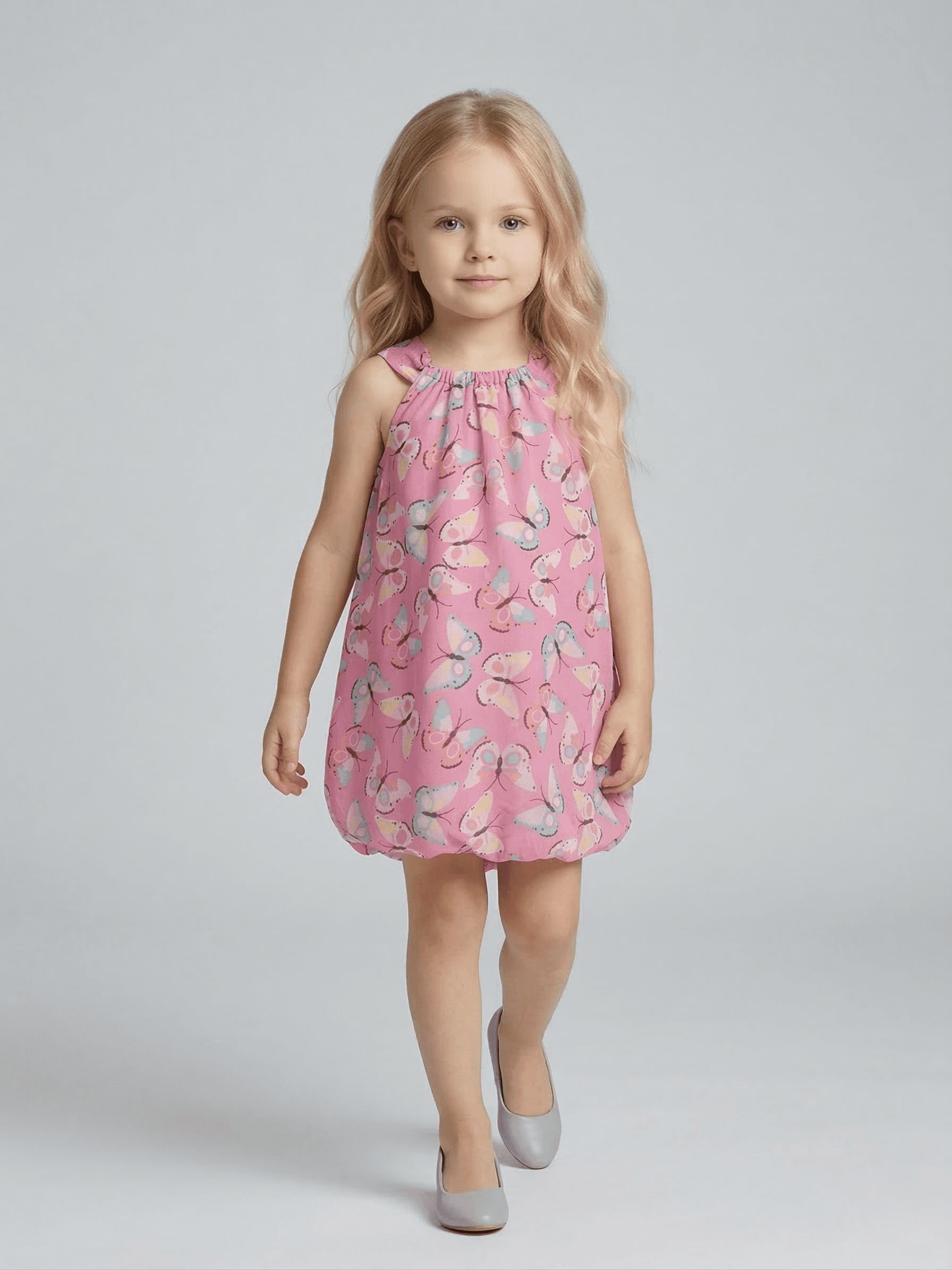 Creative Kids Pastel Pink Butterfly Print Polyester Bubble Romper – Whimsical Sleeveless Sunsuit for Summer - Pink