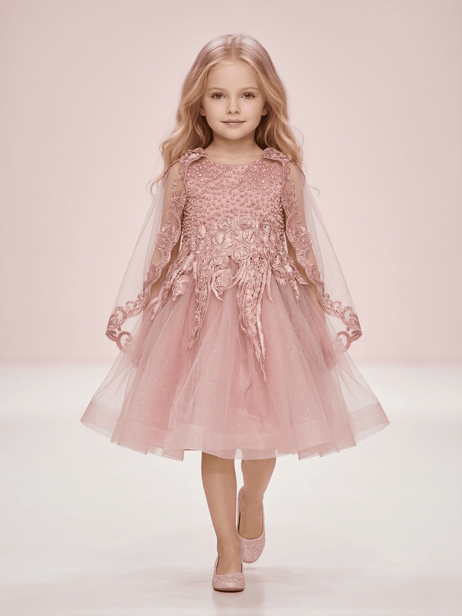 Creative Kids Sleeveless Princess Party Gown Dress with Pearl Bodice & 3D Flowers - Pink