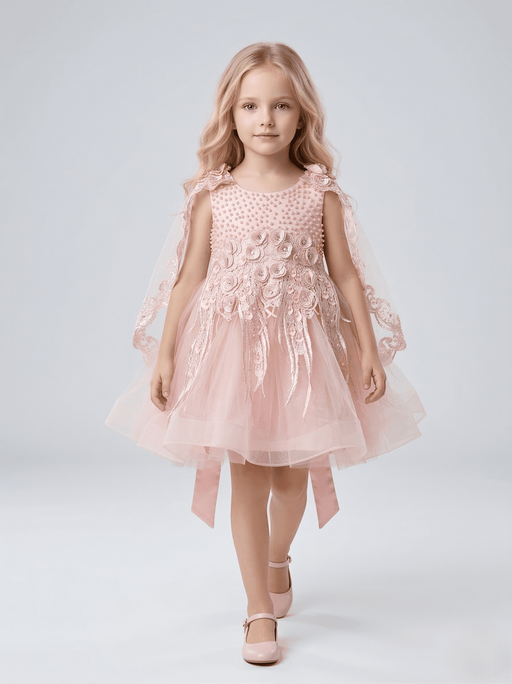 Creative Kids Sleeveless Princess Party Gown Dress with Pearl Bodice & 3D Flowers - Peach