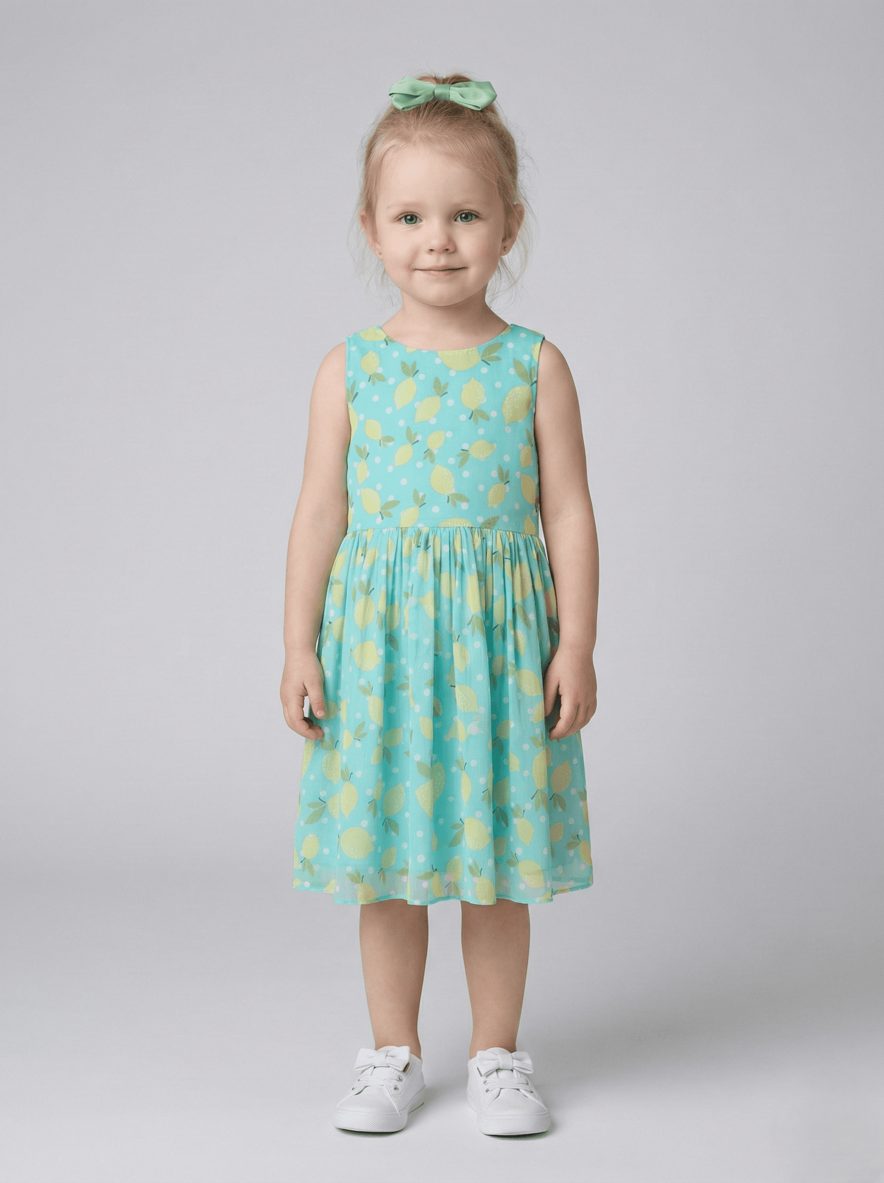 Creative Kids Mint Green Lemon Print Dress Easy-Care Polyester Summer Dress with Polka Dots - Green