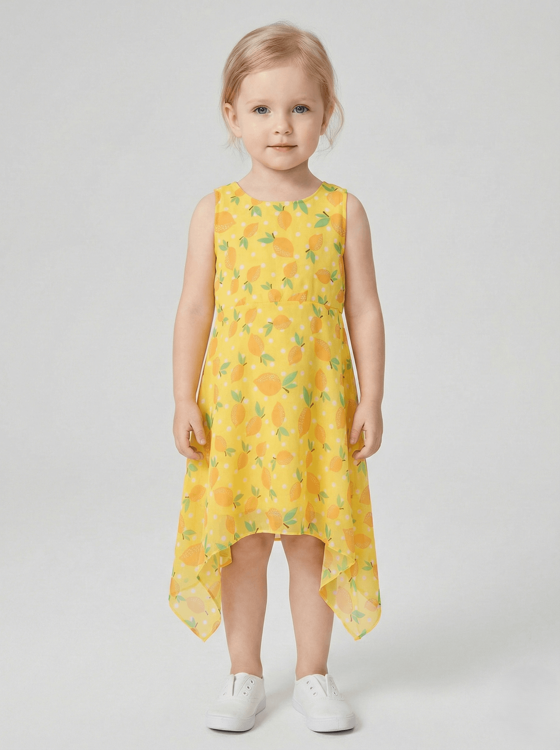 Creative Kids Yellow Lemon Print Polyester Dress – High-Low Summer Party Gown - Yellow