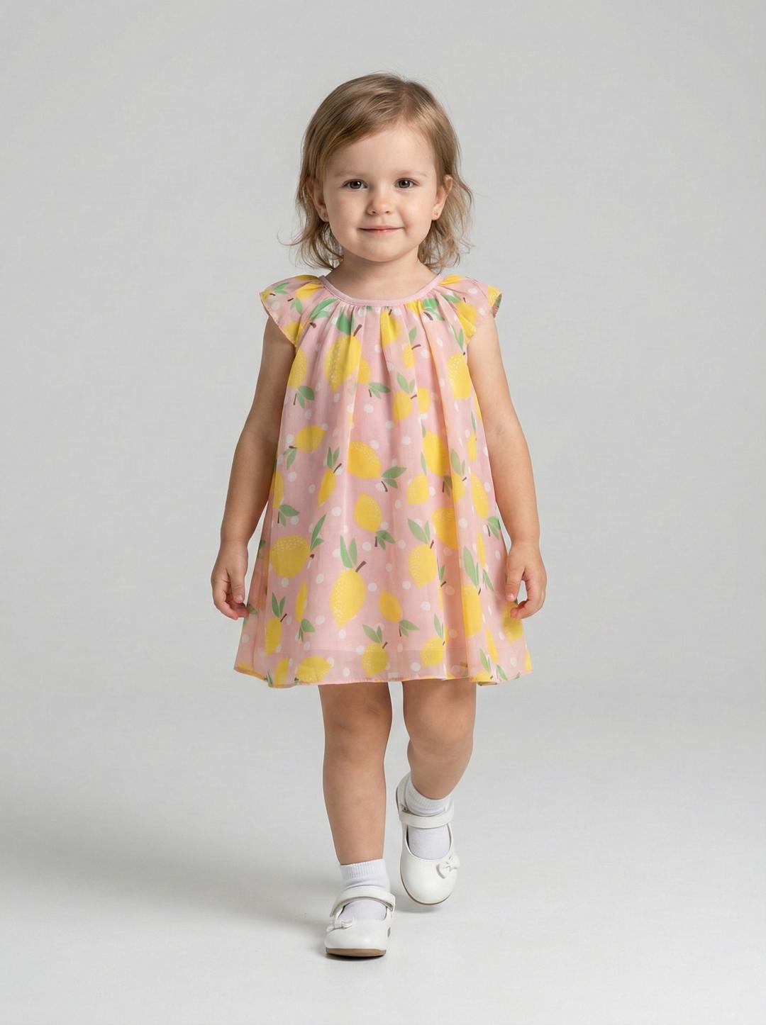 Baby Girls Pink Lemon Print Romper Dress – Polyester Flutter Sleeve Sunsuit with Built-in Bodysuit - Pink