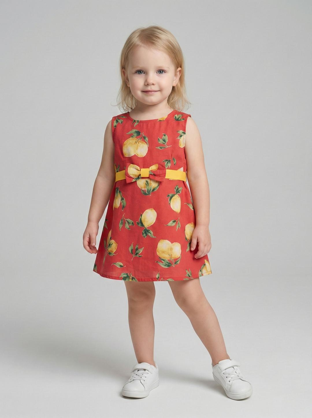 Creative Kids Girls Red and Yellow Drawstring Floral Print Bow Dress - Red