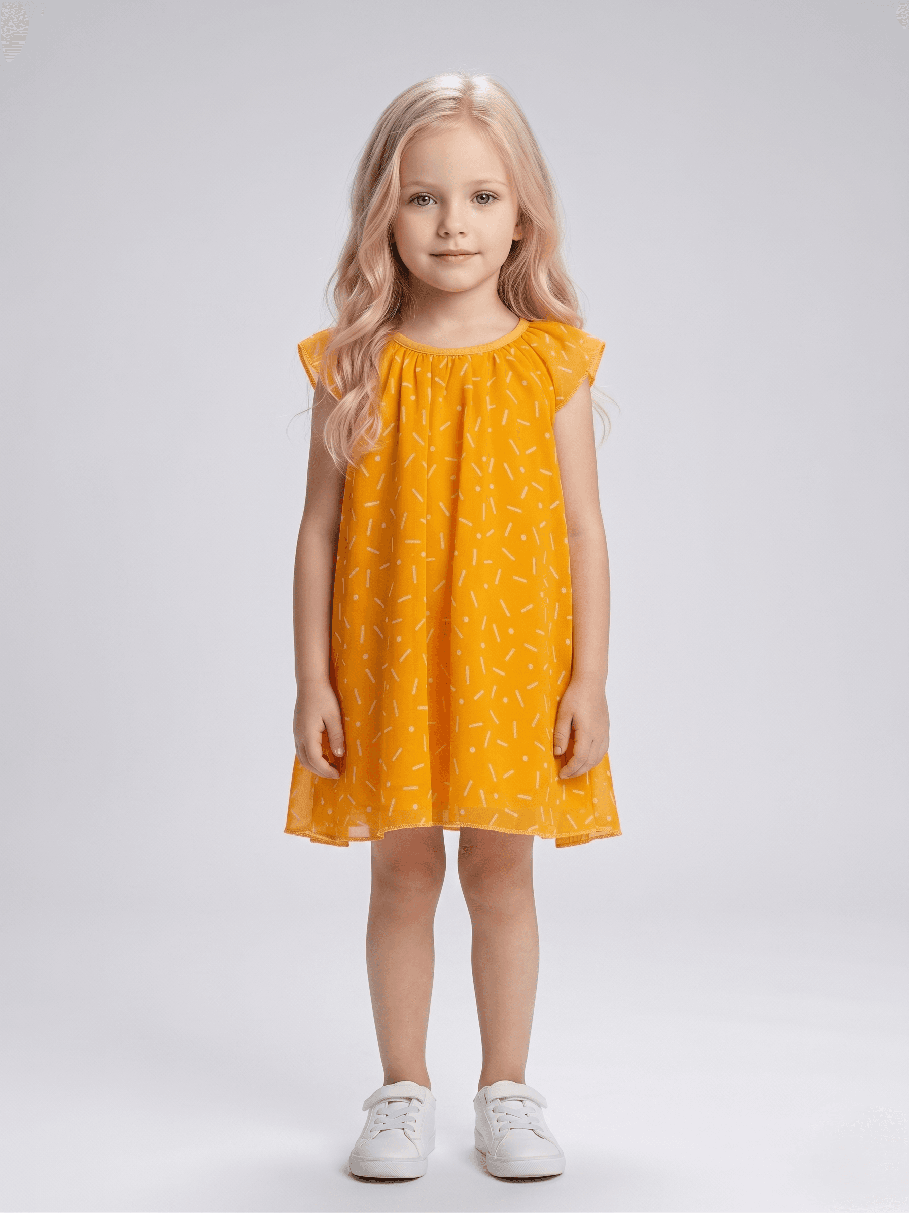 Creative Kids Mustard Yellow Abstract Print Polyster Dress – Lightweight Flutter Sleeve Dress - Yellow