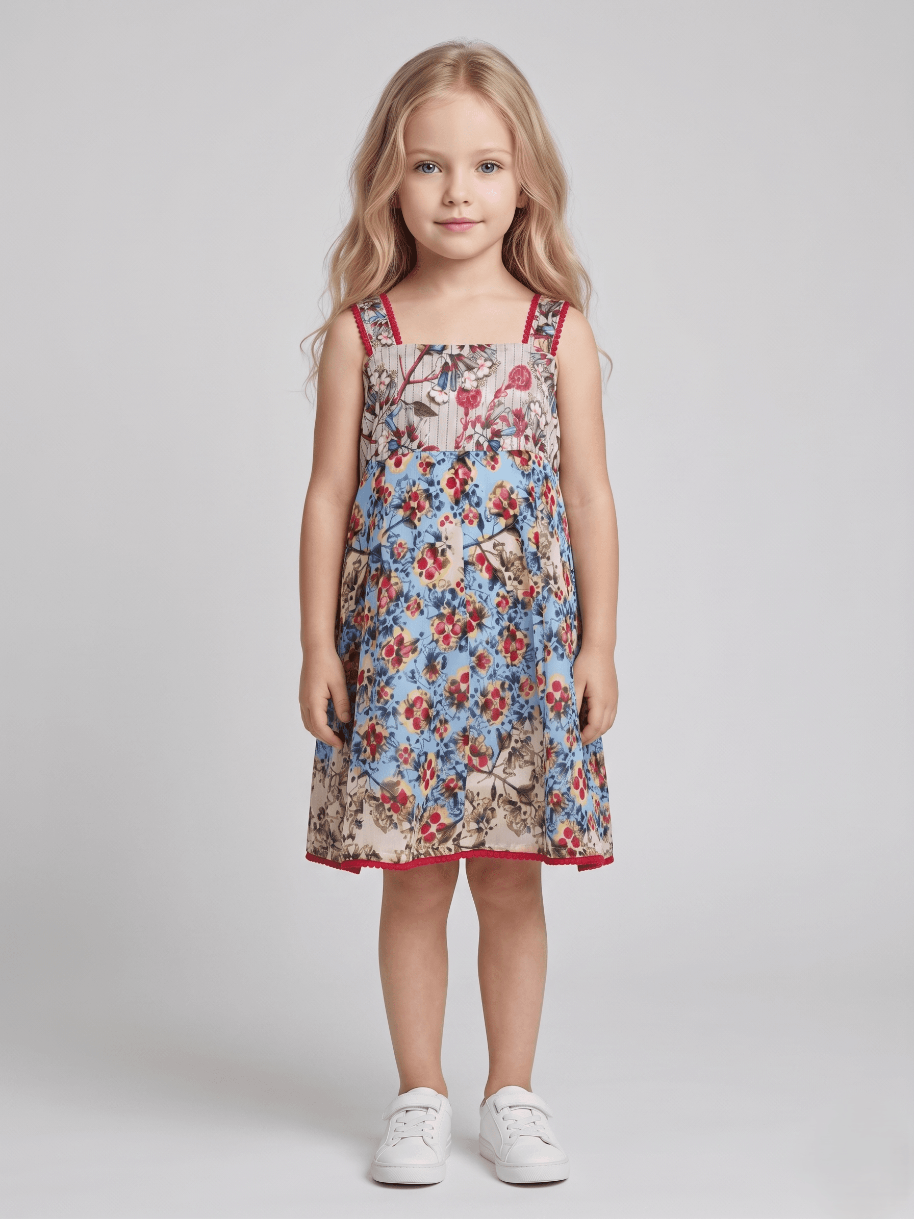 Creative Kids Sleeveless Floral Dress for Girls – Lightweight Smocked Back dress with Lace Trim - Blue